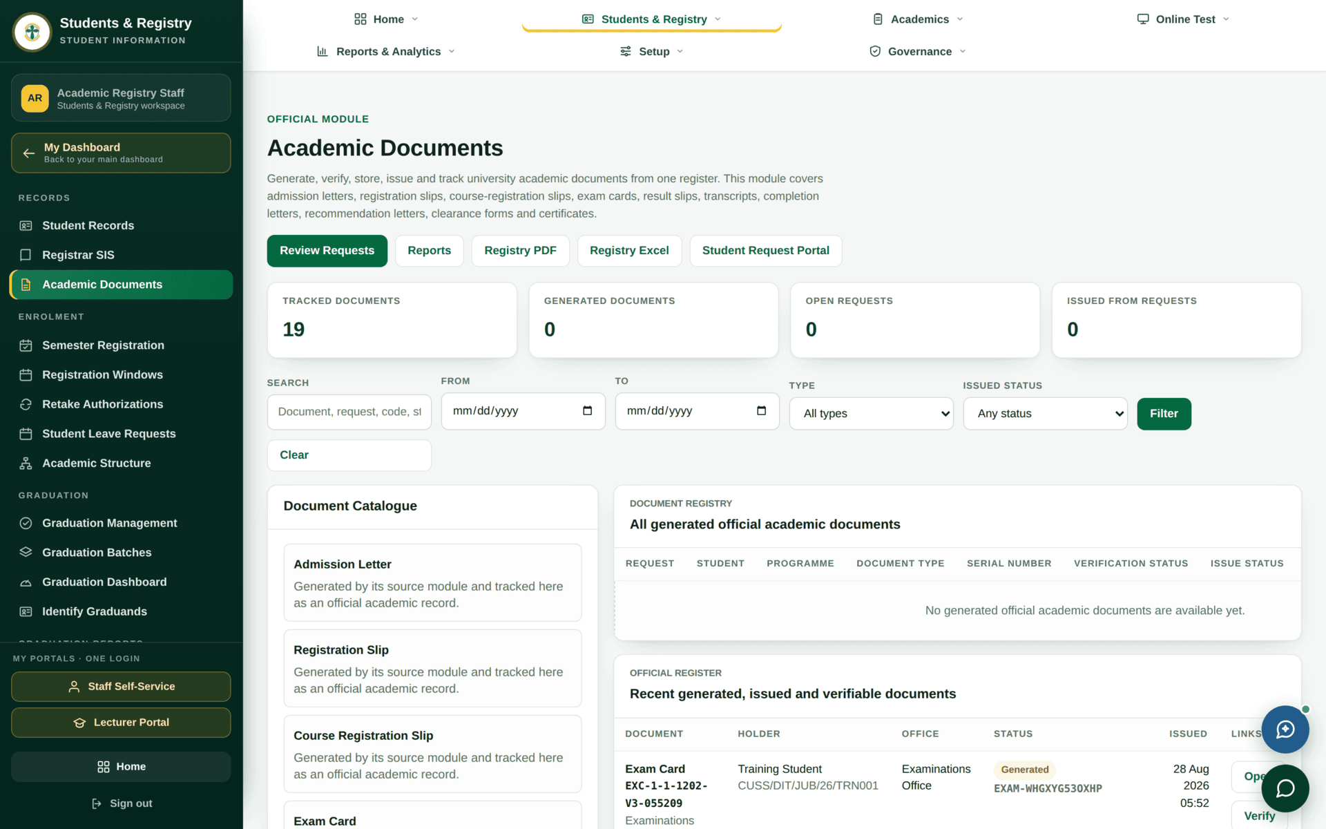 The Academic Documents screen listing document requests and issued documents with their status.