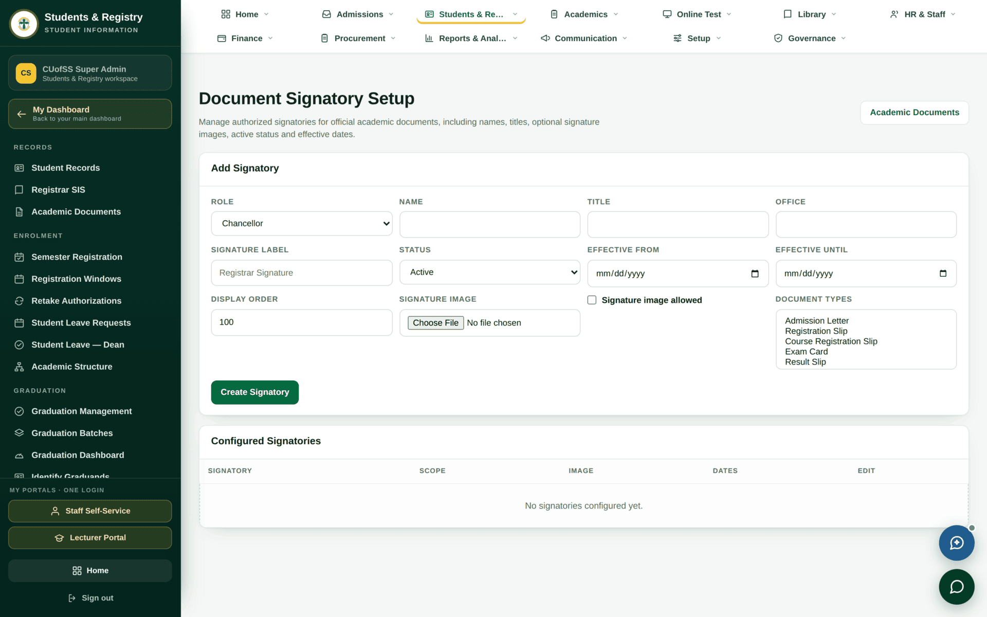 The Signatories screen listing document types and the named officer who signs each.