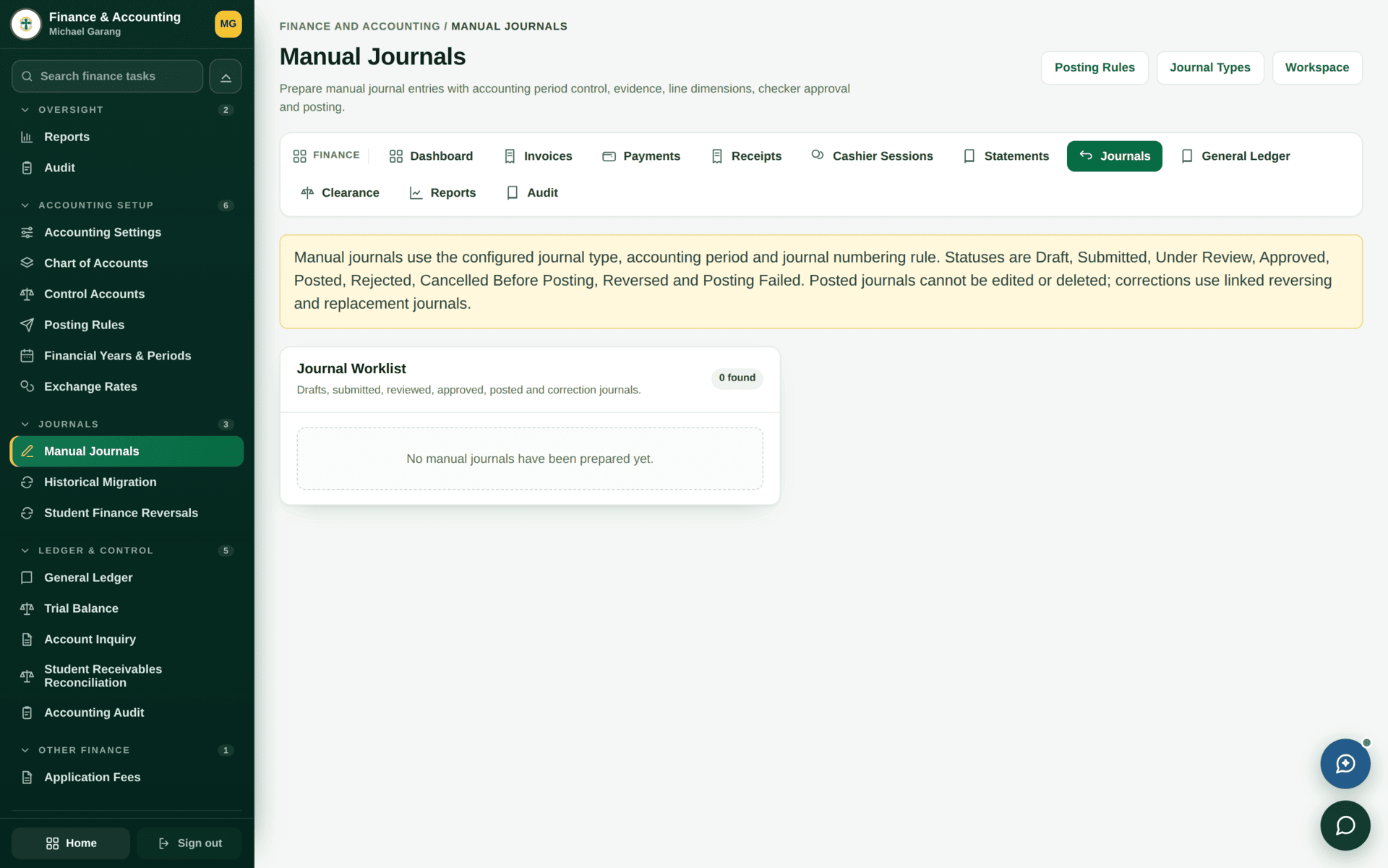 The Manual Journals screen listing journal entries with their lines, status and approval.