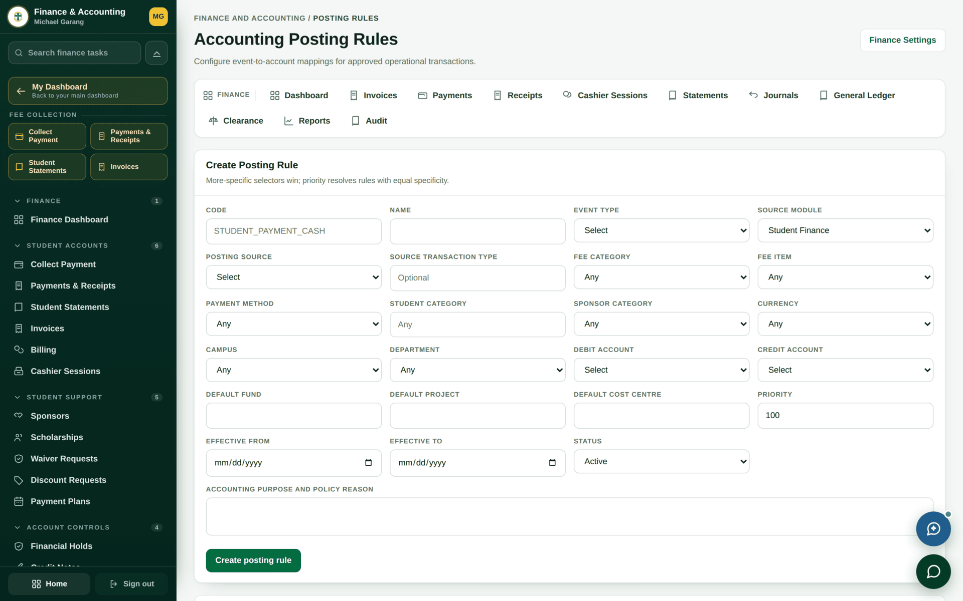 The Posting Rules screen mapping business events to debit and credit accounts.
