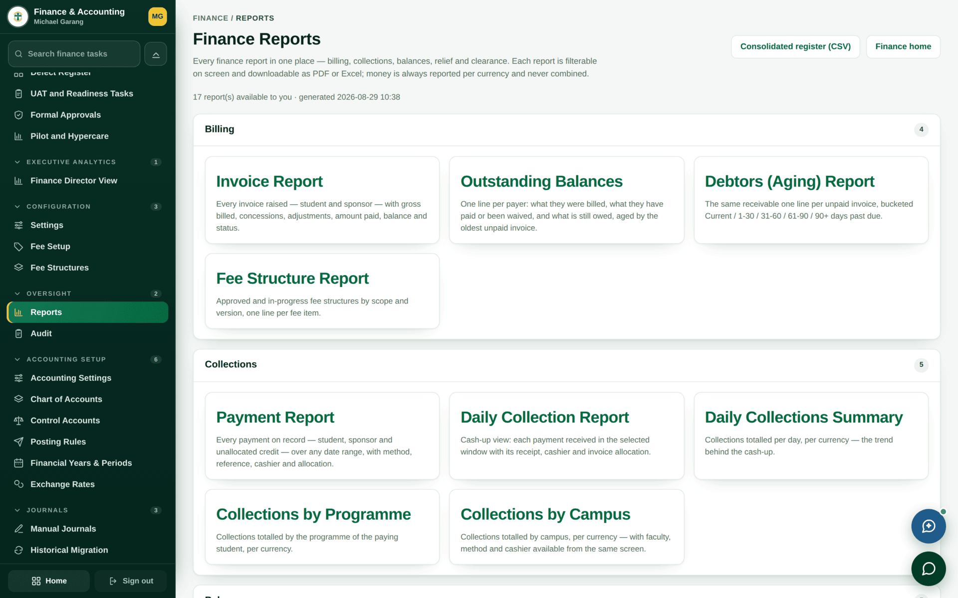 The finance reports index listing all available finance reports by category.