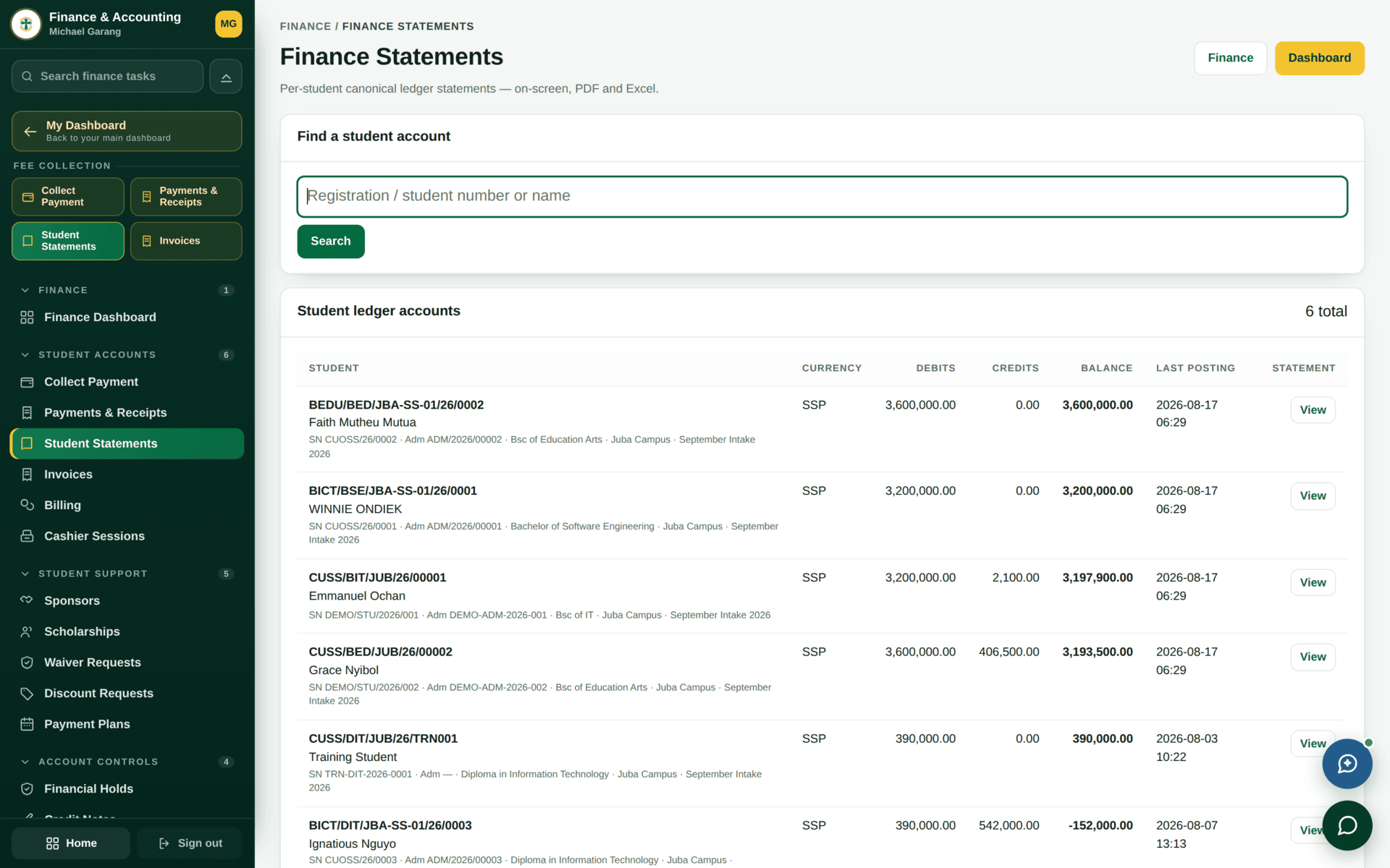 The General Ledger and statements screen with account balances and period selection.