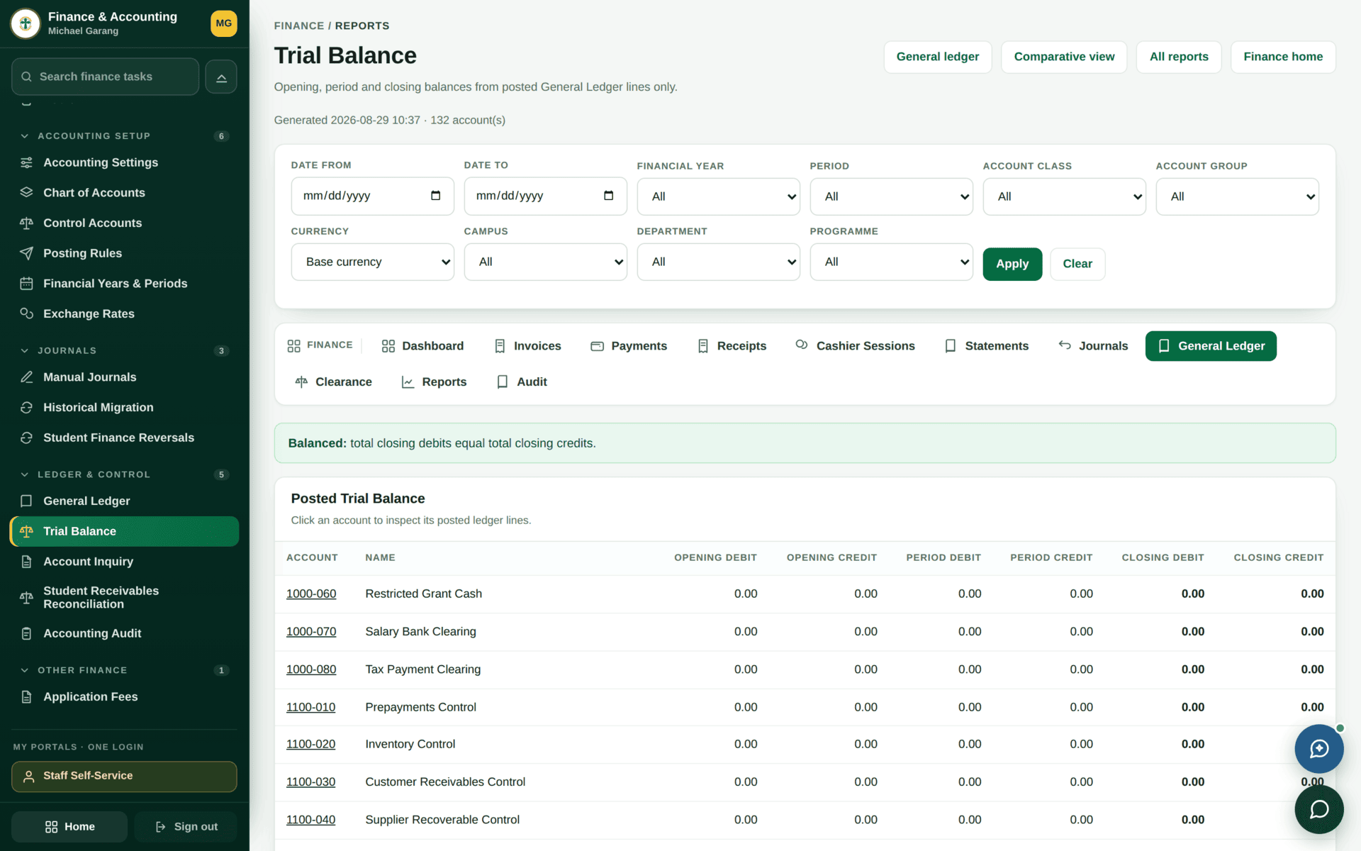 The Trial Balance report listing accounts with debit and credit totals.