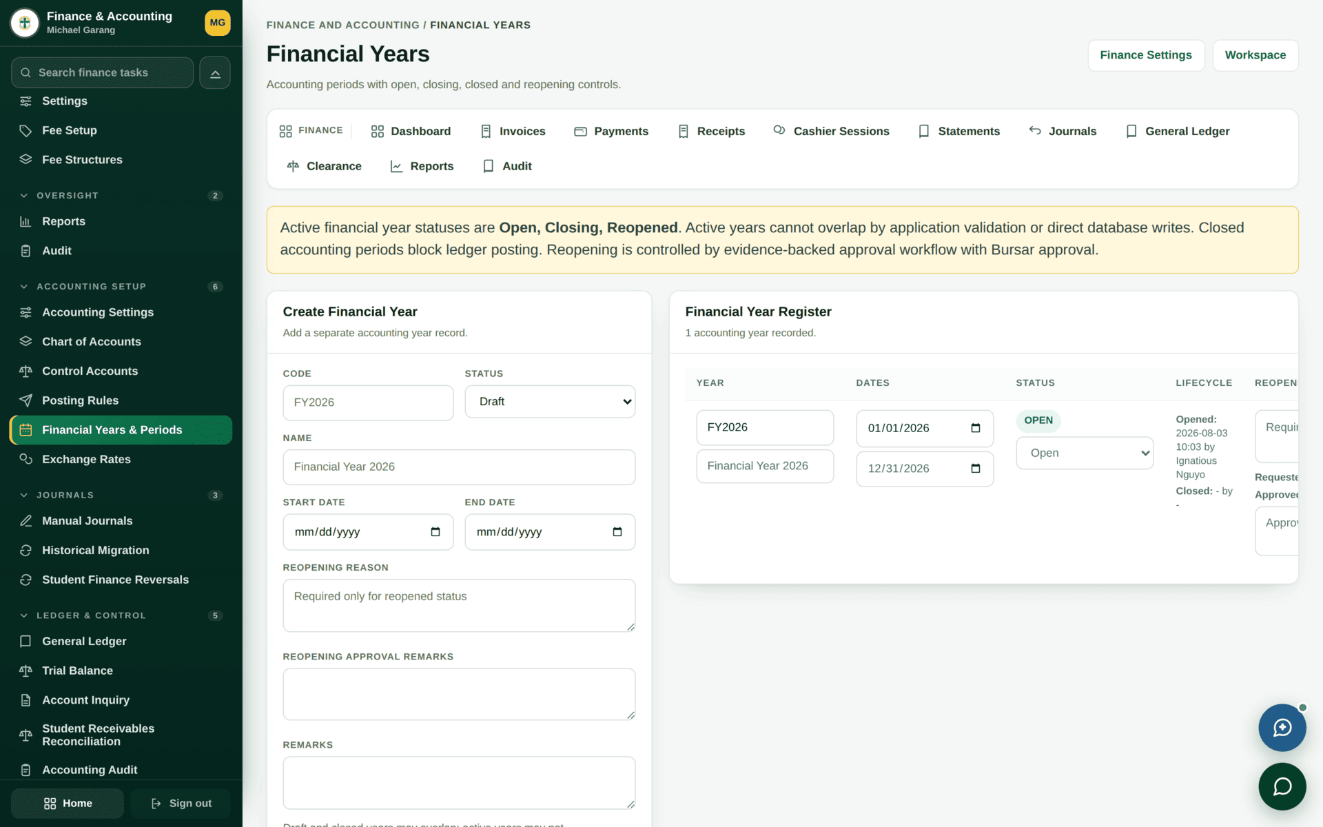 The Financial Years screen listing years and their periods with open or closed status.