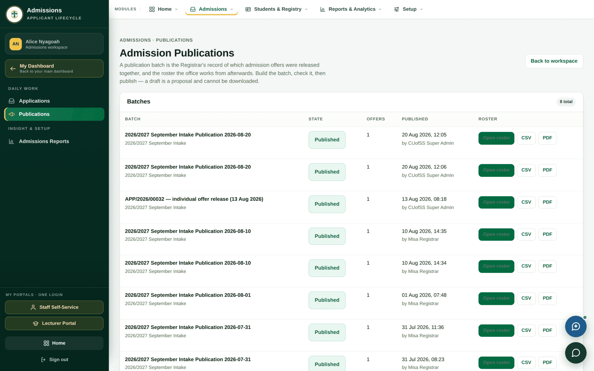 The Publications screen listing admission publication batches with their status and a roster download.