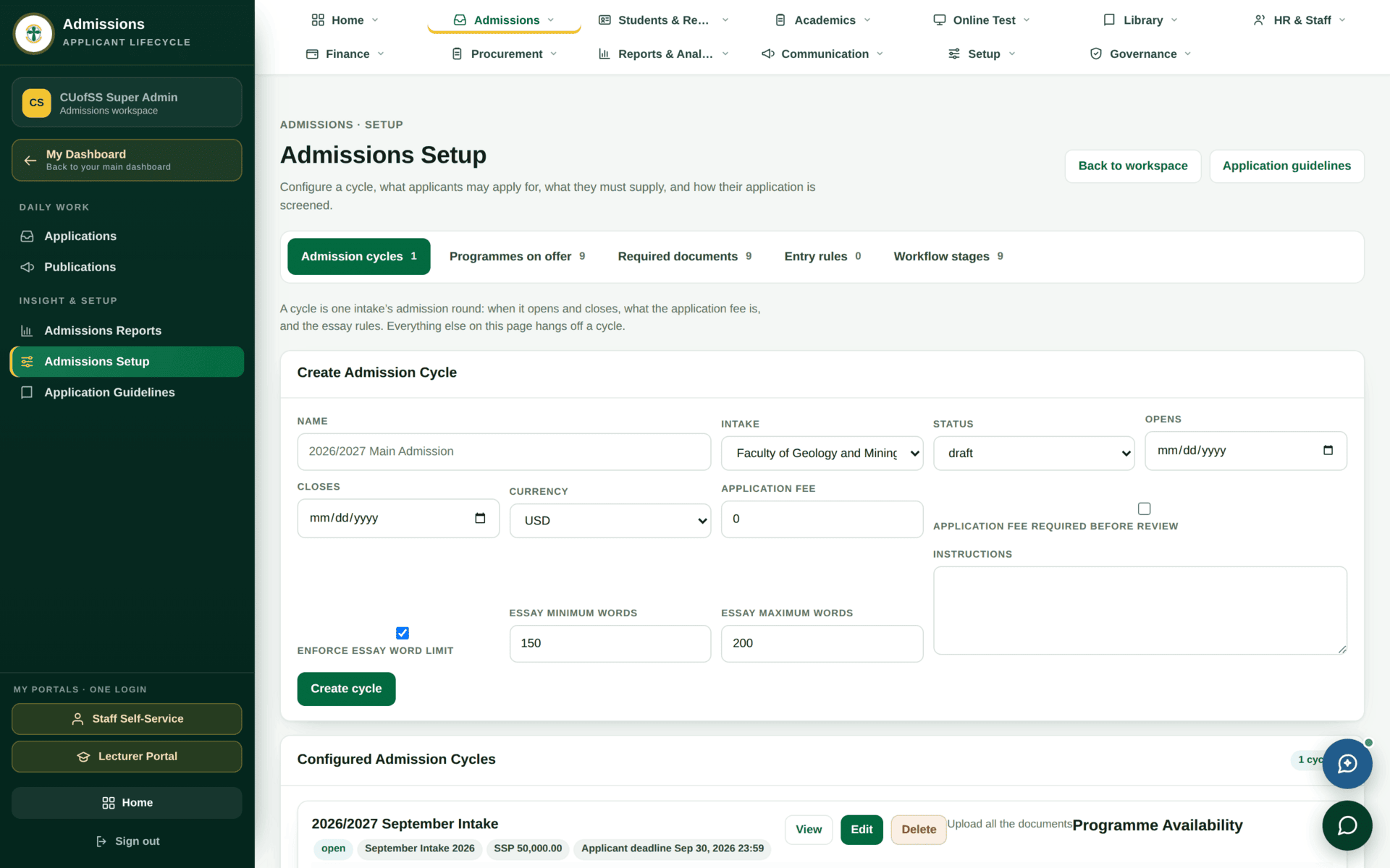 The Admissions Setup screen for admission cycles, windows, fees and required documents.