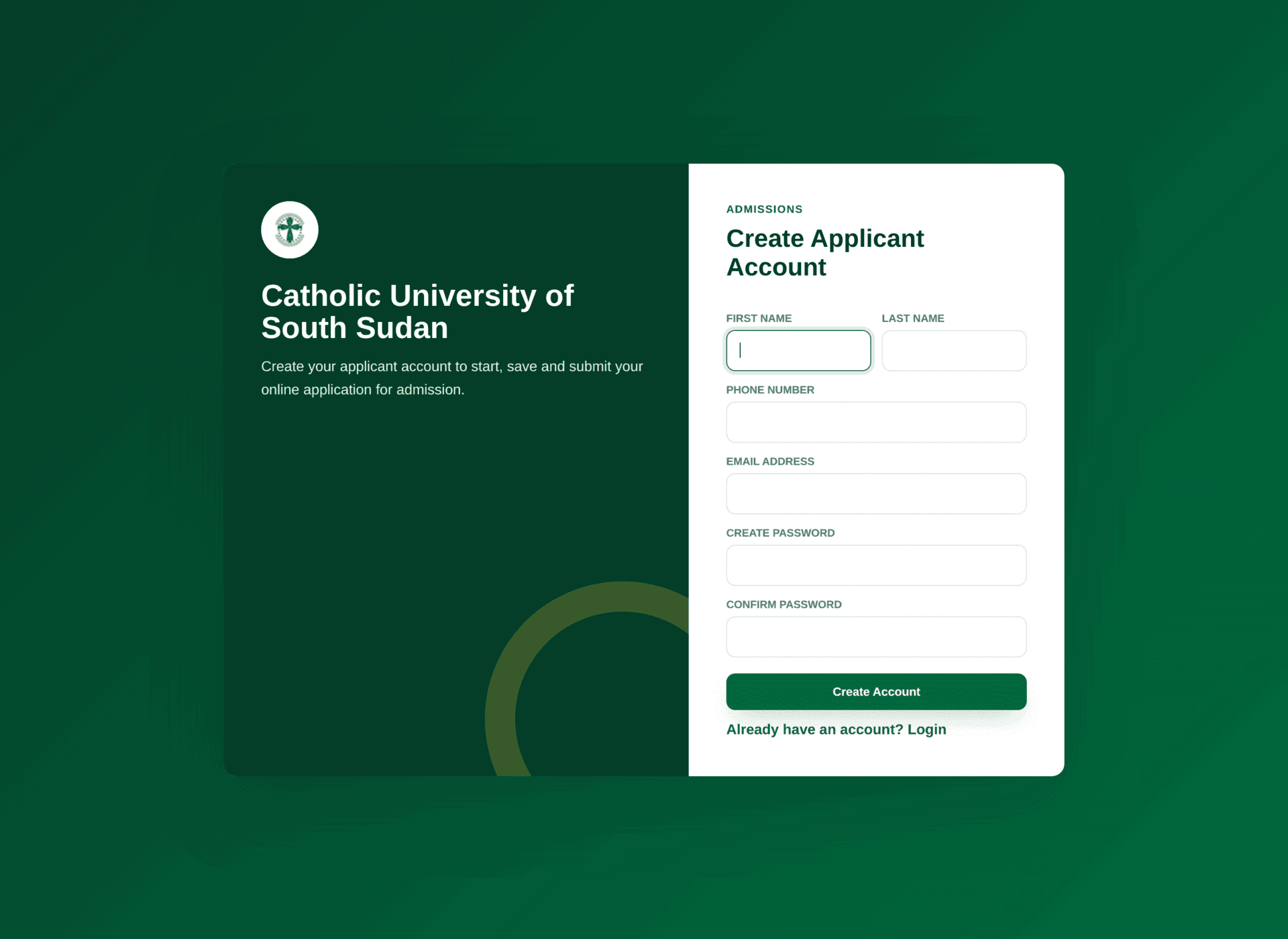 The applicant registration form asking for names, email address and a password.