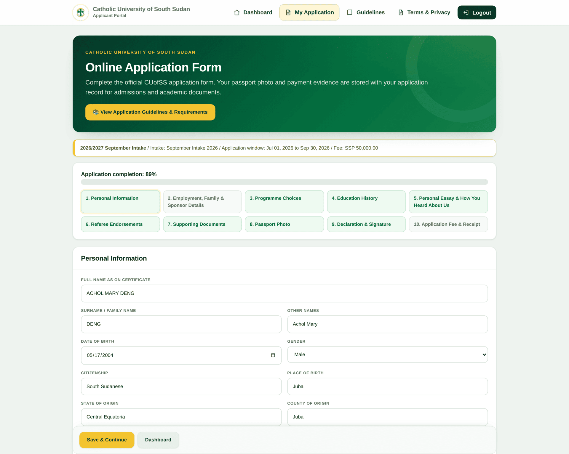 Step 1, Personal Information, with fields for full name as on certificate, surname, other names, date of birth, gender, citizenship, place of birth, state and county of origin, religious denomination, blood group, home diocese, marital status, telephone, email, ID type and number, and address. Sample values are shown.