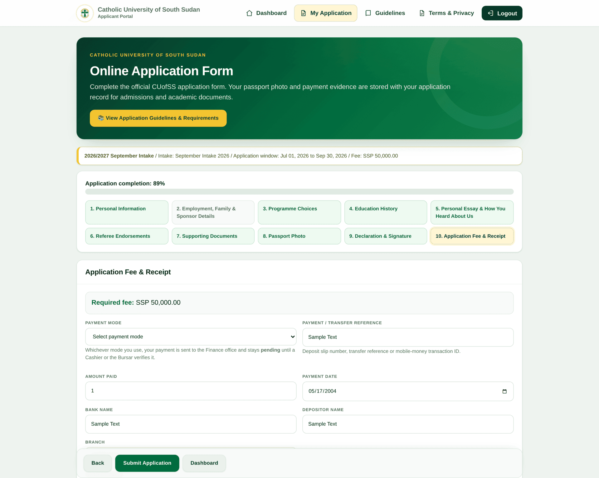 Step 10 with payment method, reference, amount paid, payment date, bank, depositor, branch, notes and a receipt upload control.