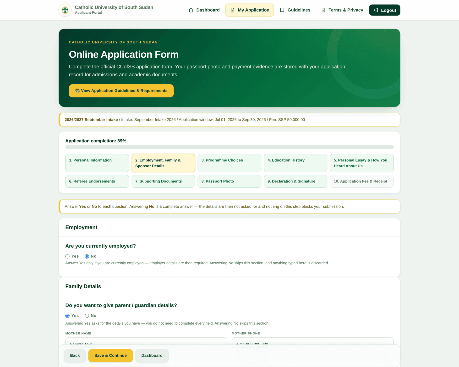 Step 2 with Yes/No radio buttons for employment, family details and sponsor, each revealing a group of fields.