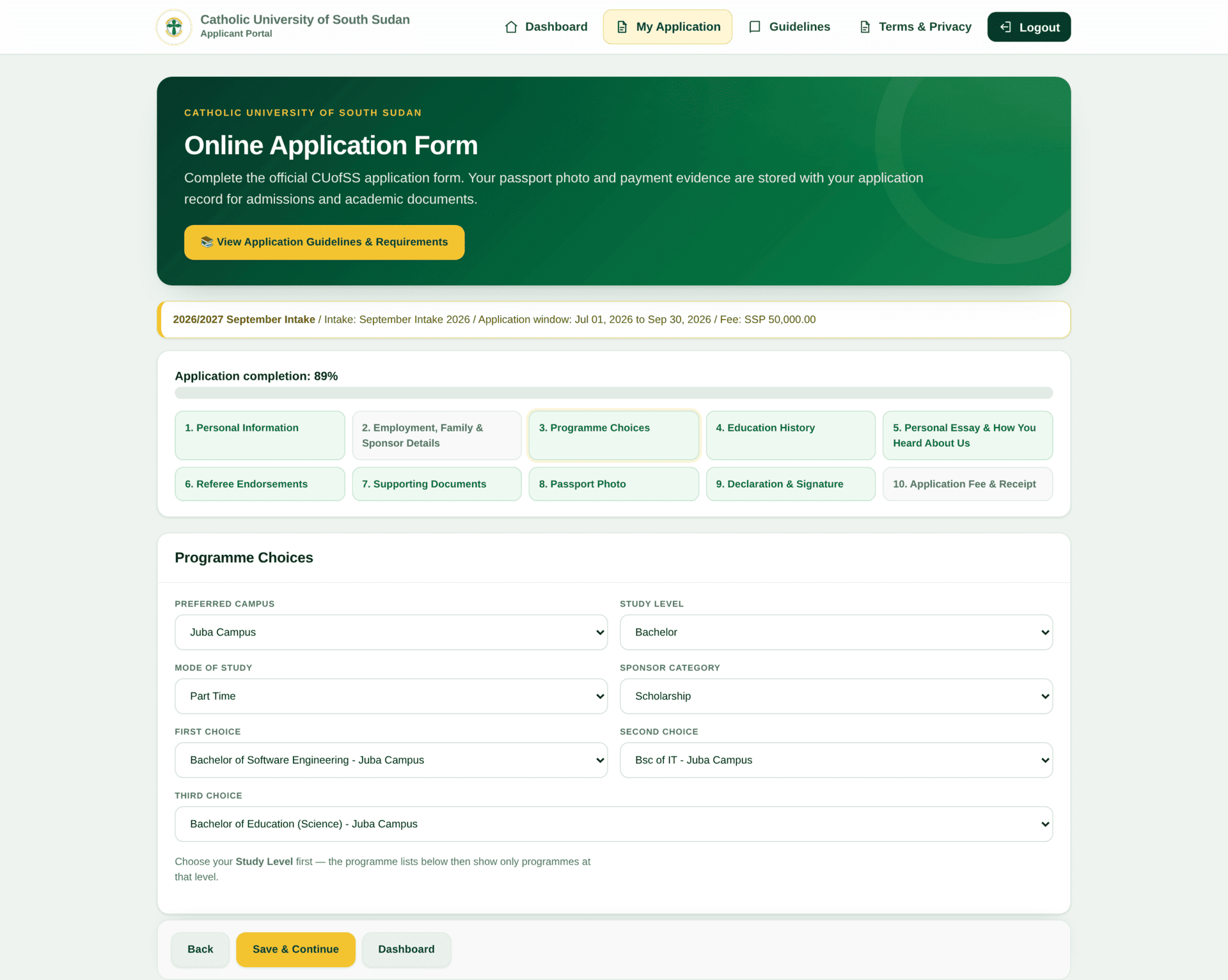 Step 3 of the application form, Programme Choices, showing the intake band, an 89 percent completion bar, the ten numbered step buttons, and dropdowns for preferred campus, study level, mode of study, sponsor category and three programme choices.