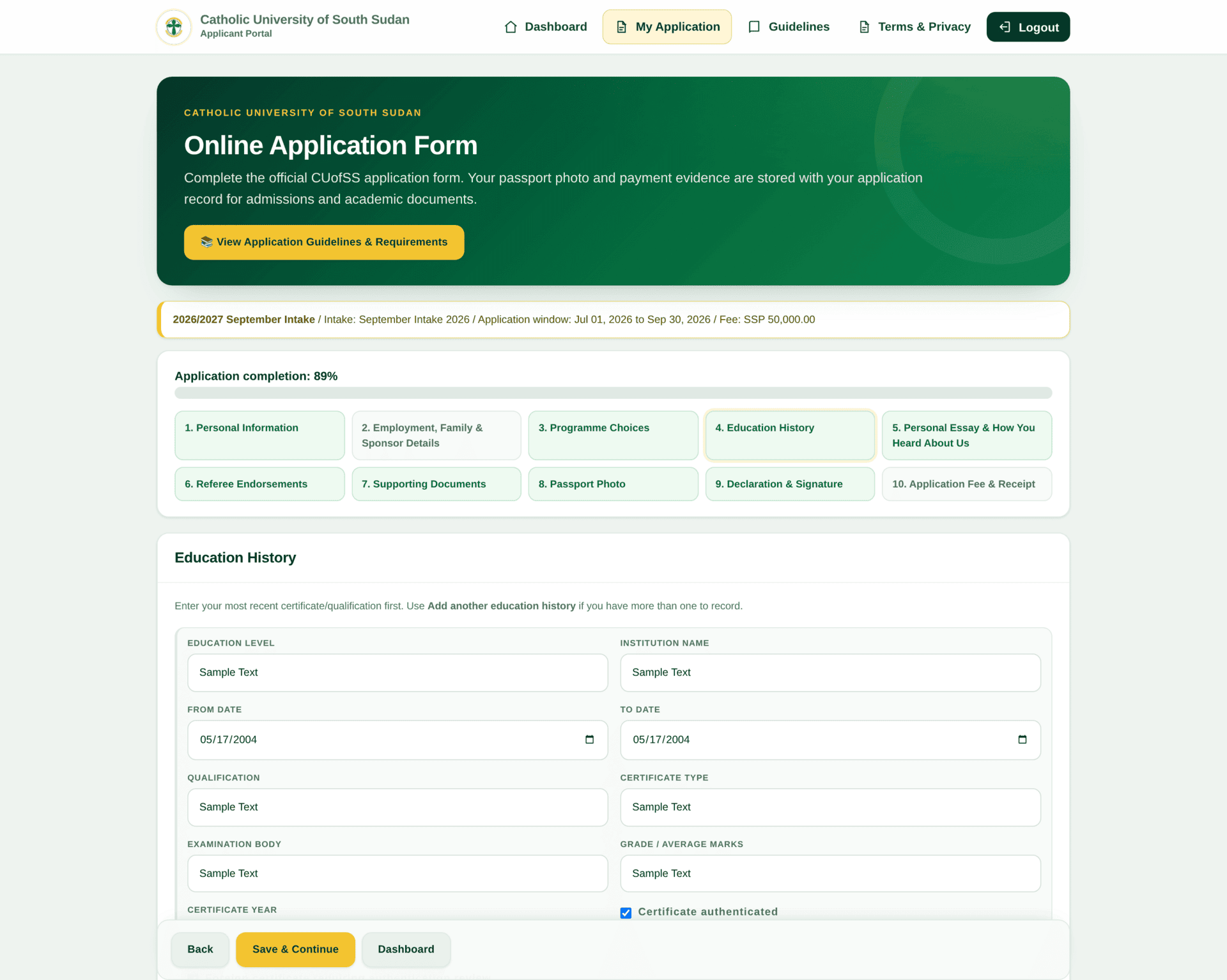 Step 4, Education History, with a block of qualification fields and an Add another education history button.
