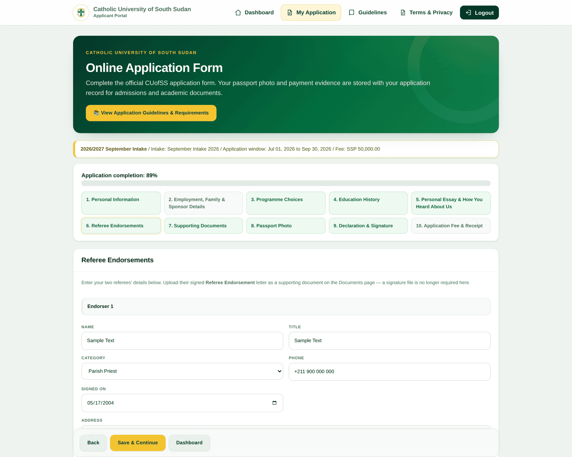 Step 6 with two blocks of referee fields: name, title, category, phone, date and address.