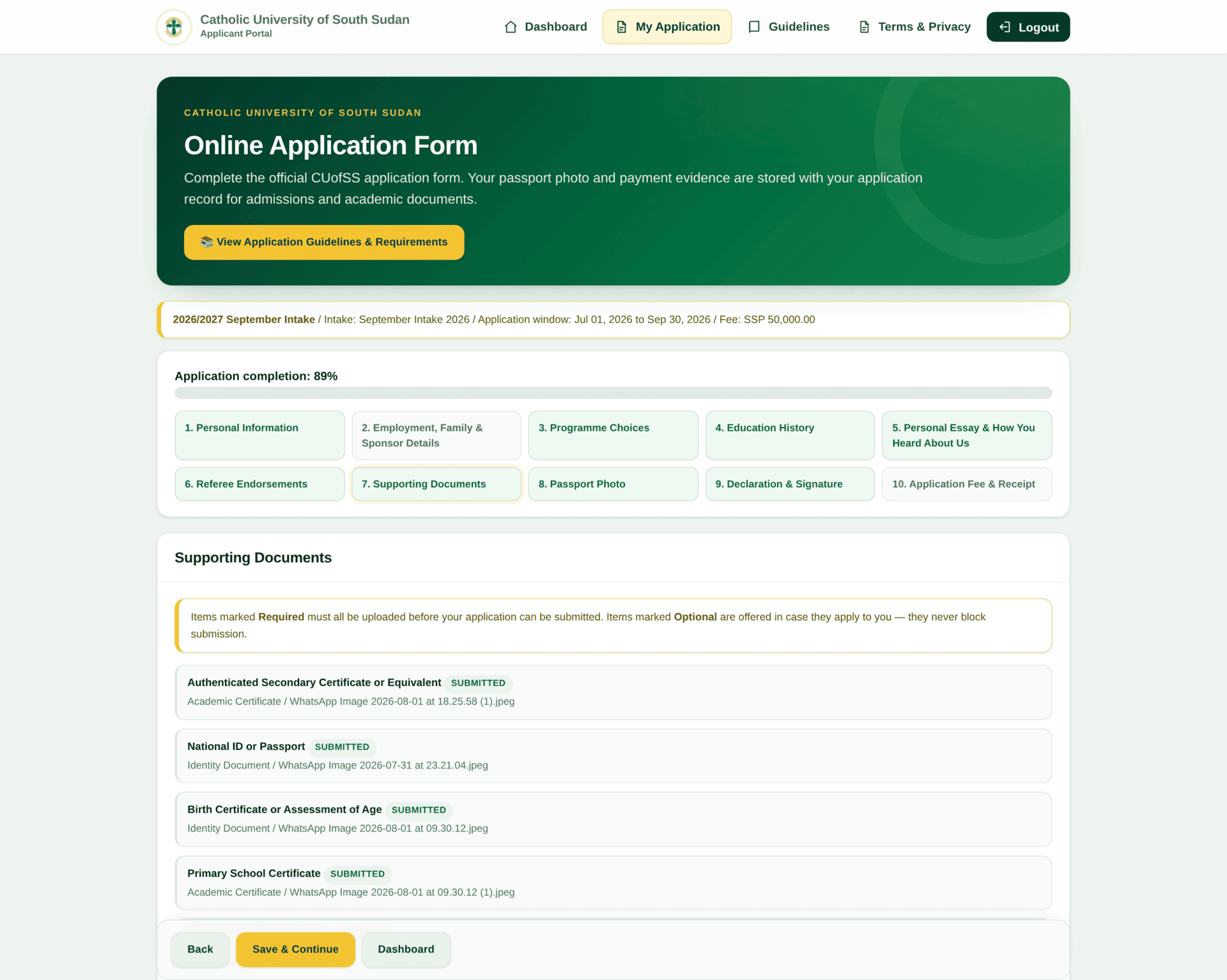 Step 7, Supporting Documents, explaining that documents are uploaded on the Documents page and that all required items must be present before submission.
