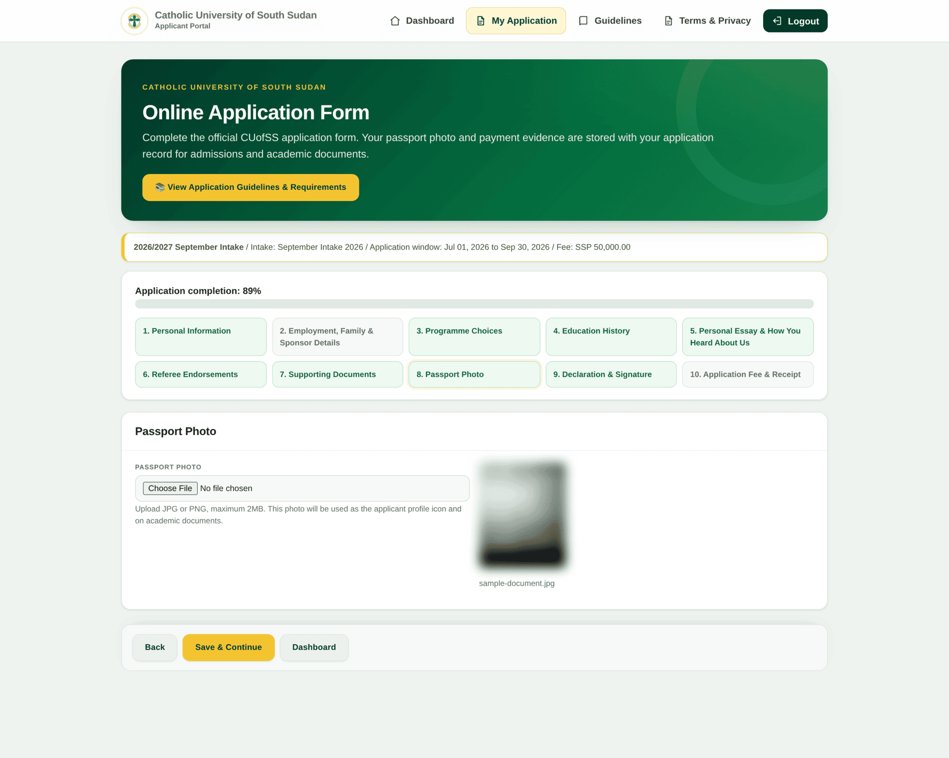 Step 8, Passport Photo, with a Choose File control and a preview of the currently uploaded image, blurred in this manual.