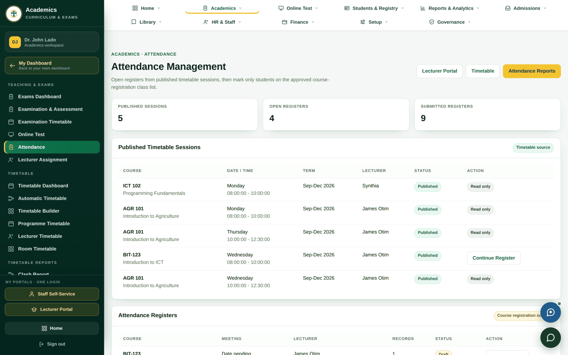 The Attendance screen with course and session selectors and the class register.