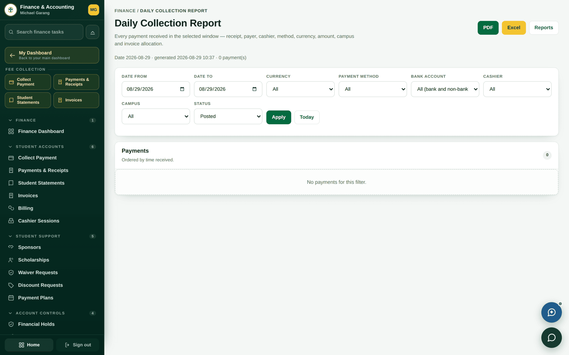 The Collections Register report listing payments collected over a period.