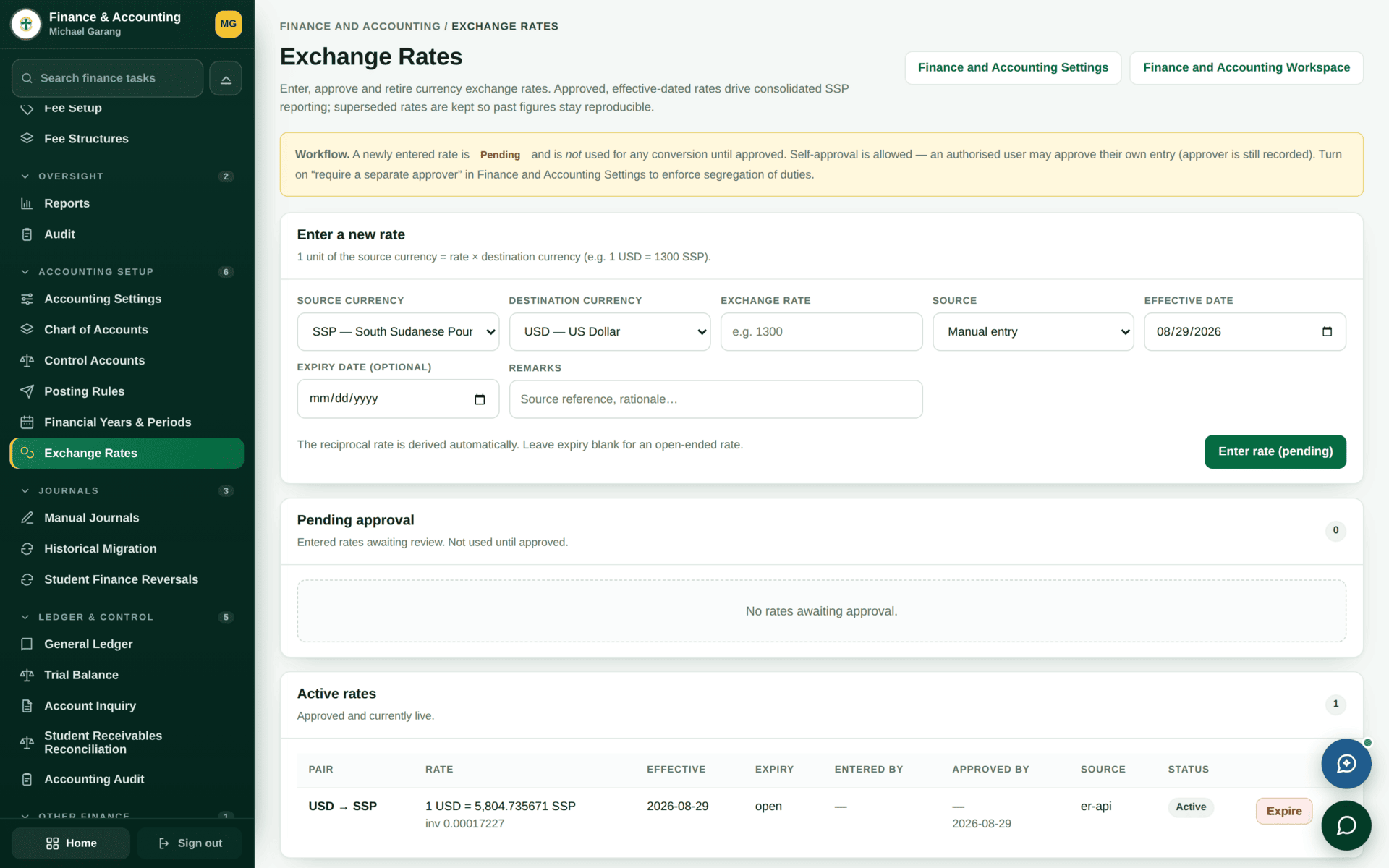 The Exchange Rates screen listing currencies and their rates with effective dates.