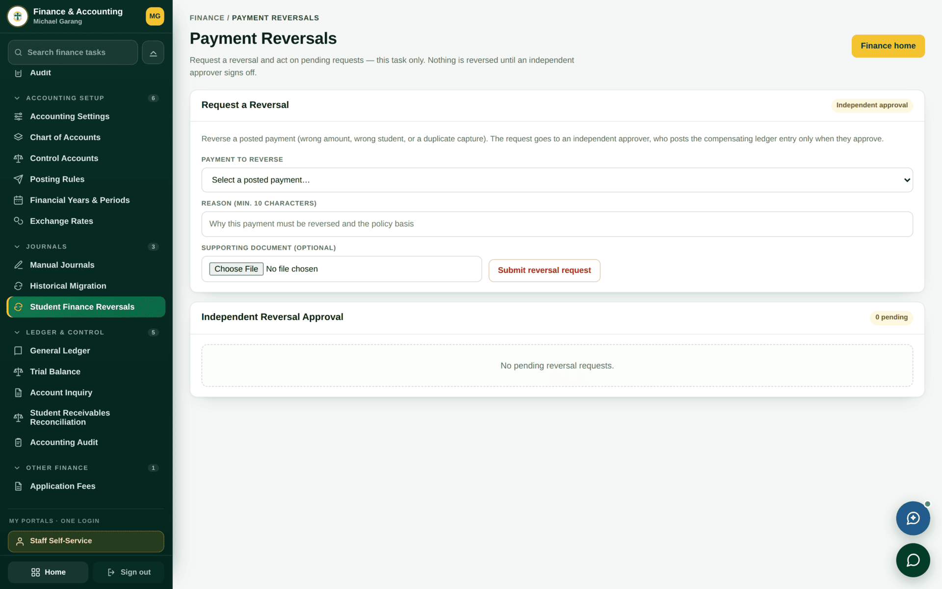 The Reversals screen listing payment reversal requests and their approval status.