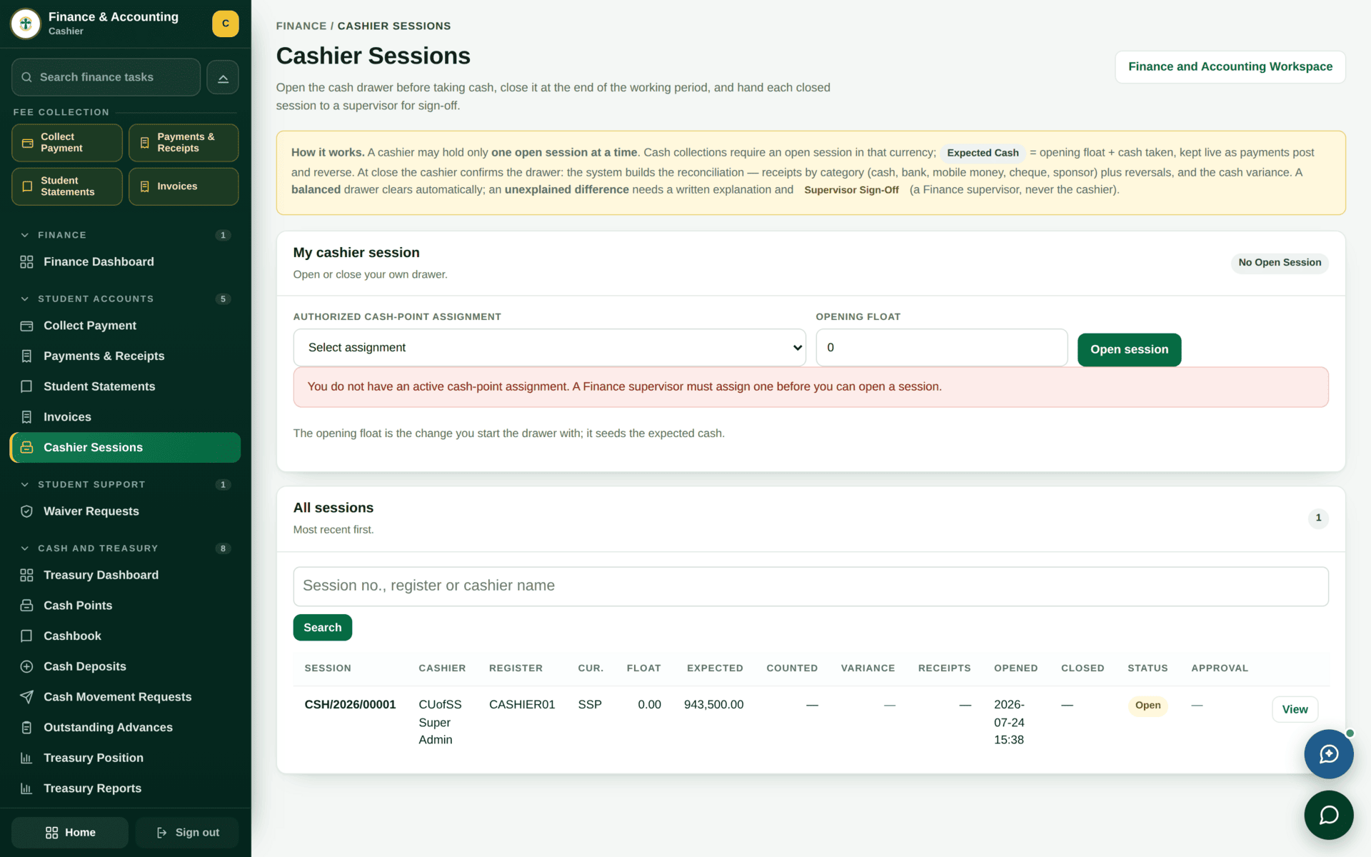 The Cashier Sessions screen listing sessions with their cashier, opening float, takings, counted amount, variance and sign-off status.