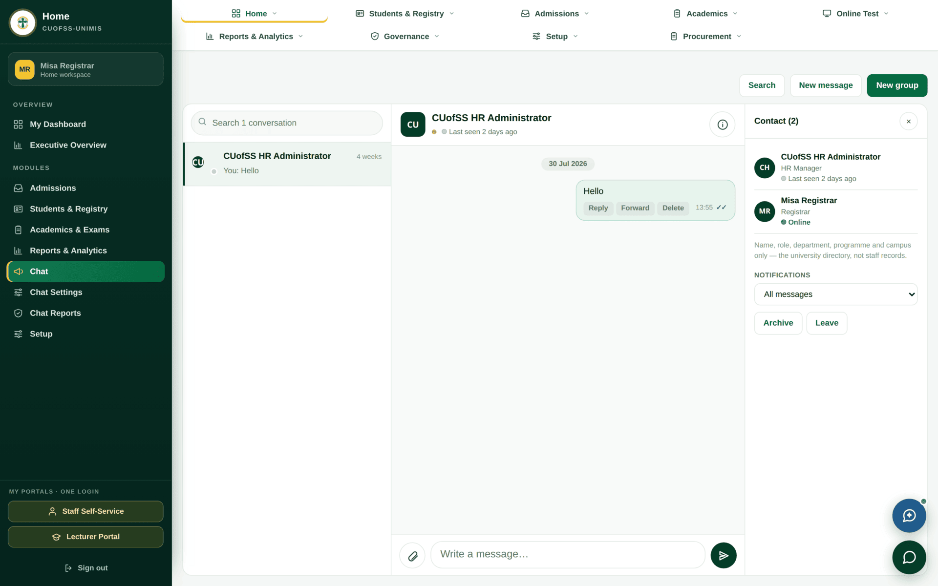 The Chat screen with a conversation list and a message thread.