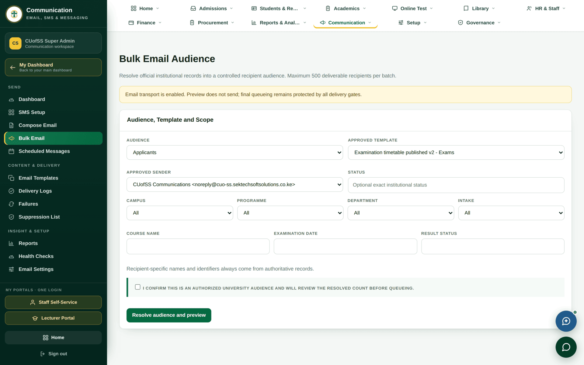 The Bulk Email screen for selecting an audience and a template for a mass send.
