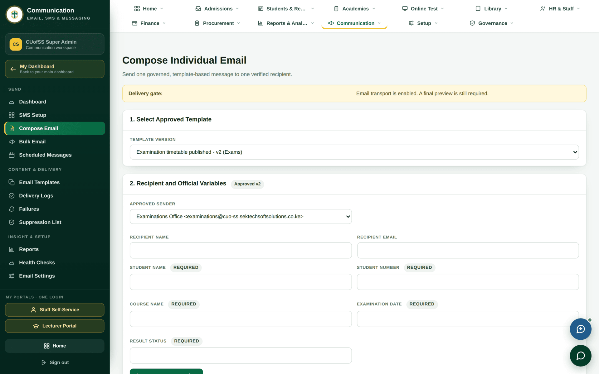 The Compose Email screen with recipient, template, subject and body fields.