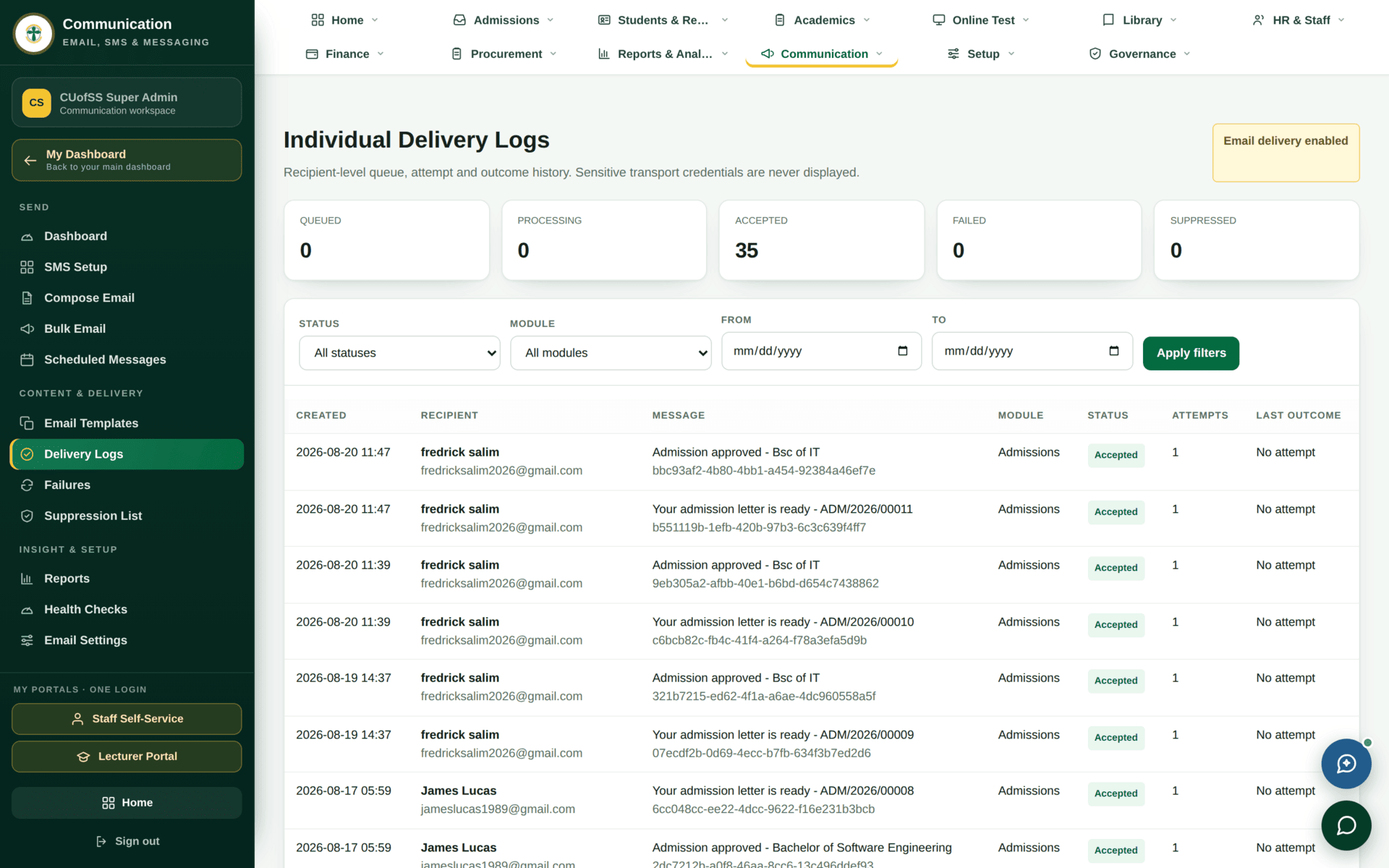 The Delivery Logs screen listing every message attempt with its status.