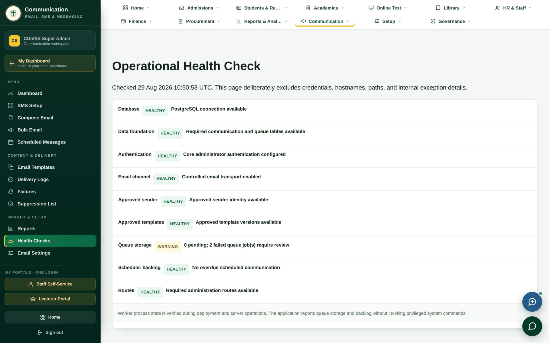 The Health Checks screen showing the status of the communication service and its dependencies.