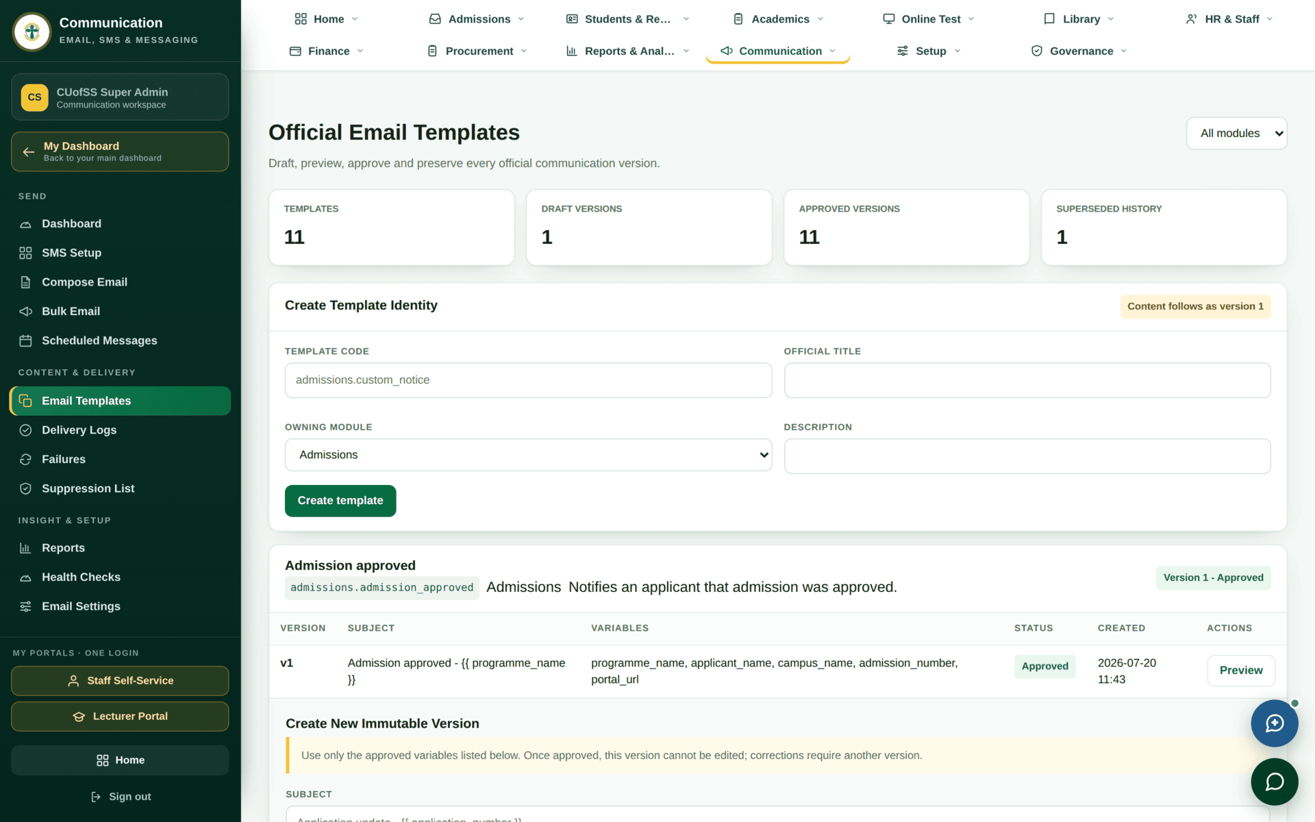 The Email Templates screen listing versioned templates with their approval status.