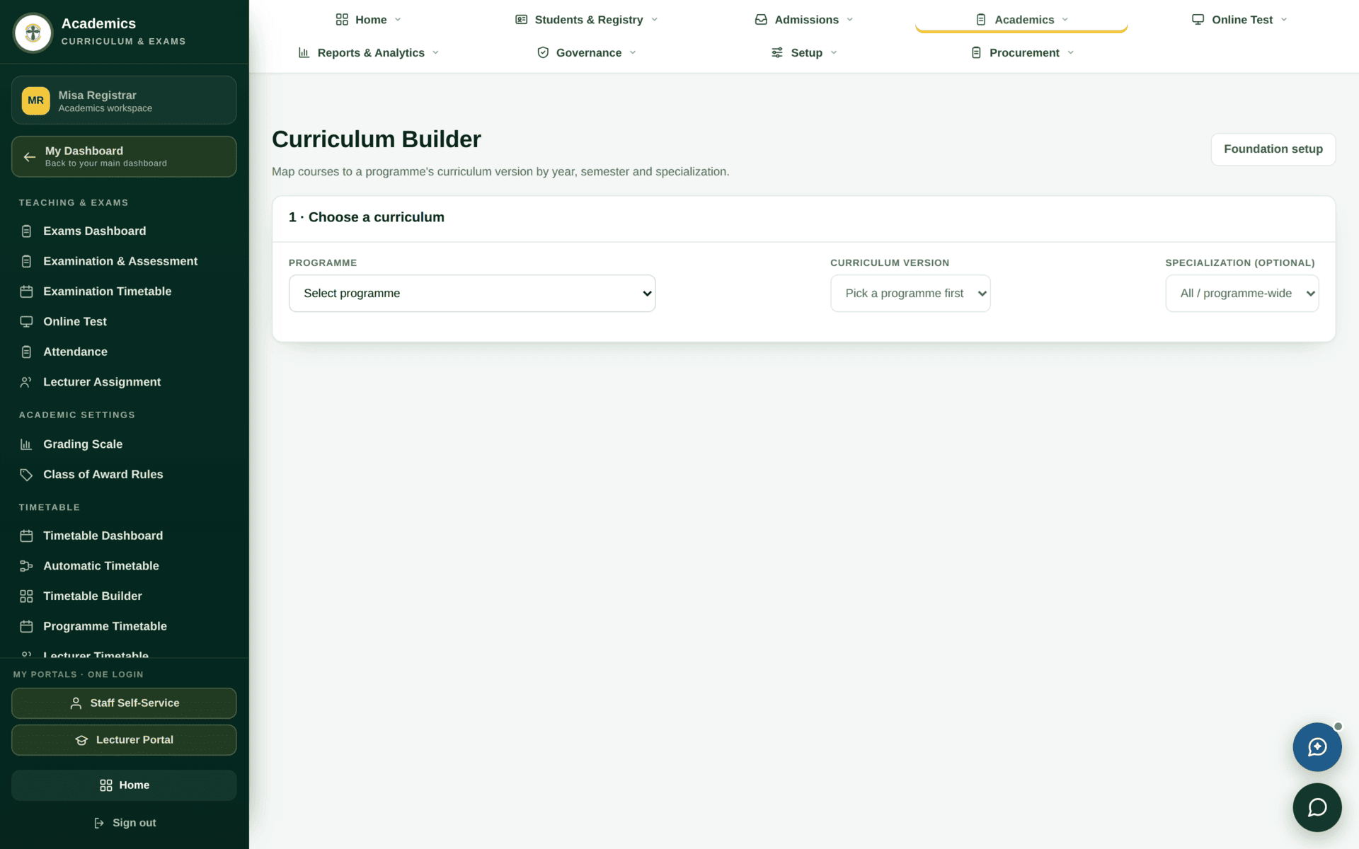 The Curriculum Builder screen for laying out a programme's courses by year and semester.