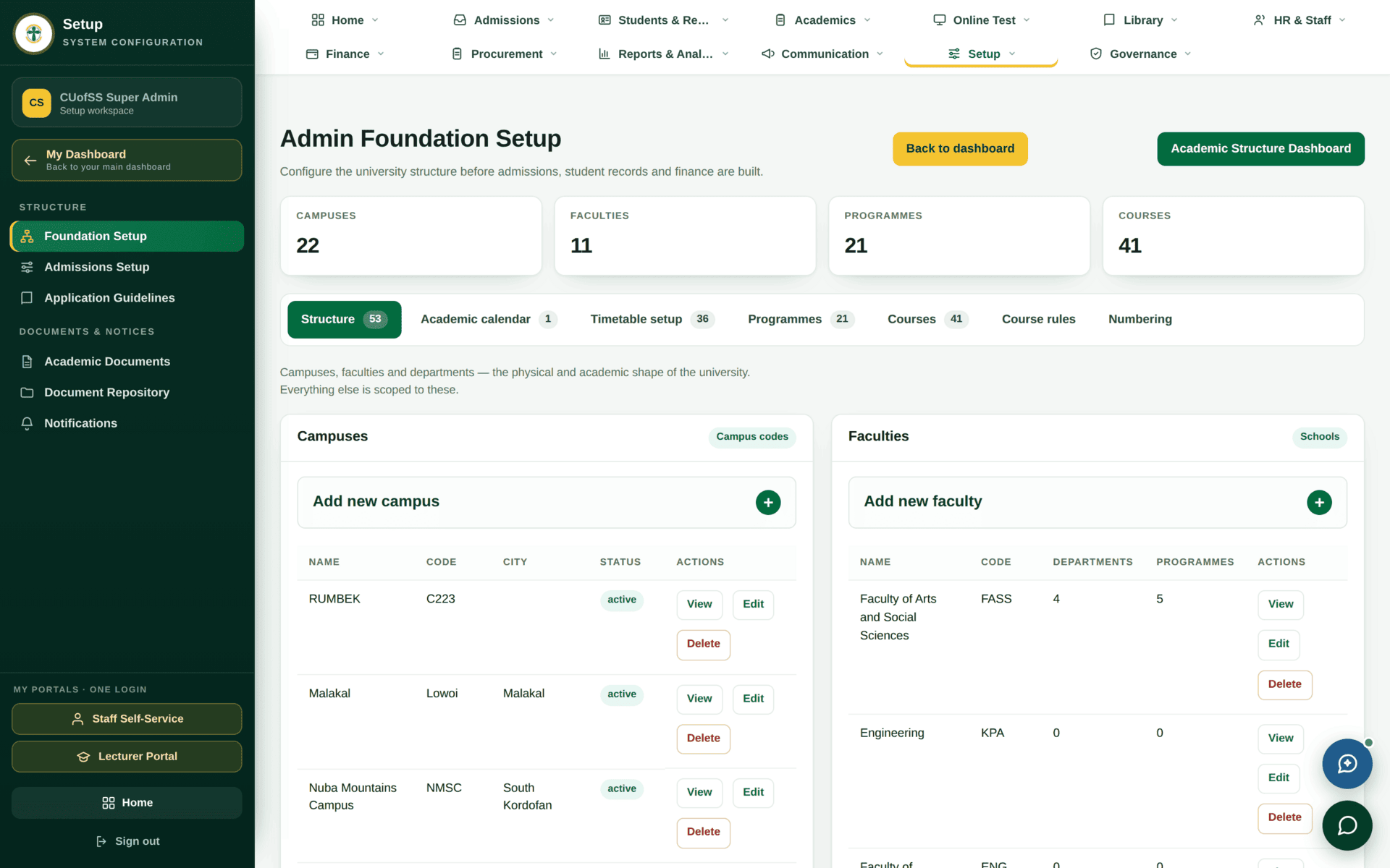 The Foundation Setup screen with reference data for faculties, departments, programmes, campuses, academic years and terms.