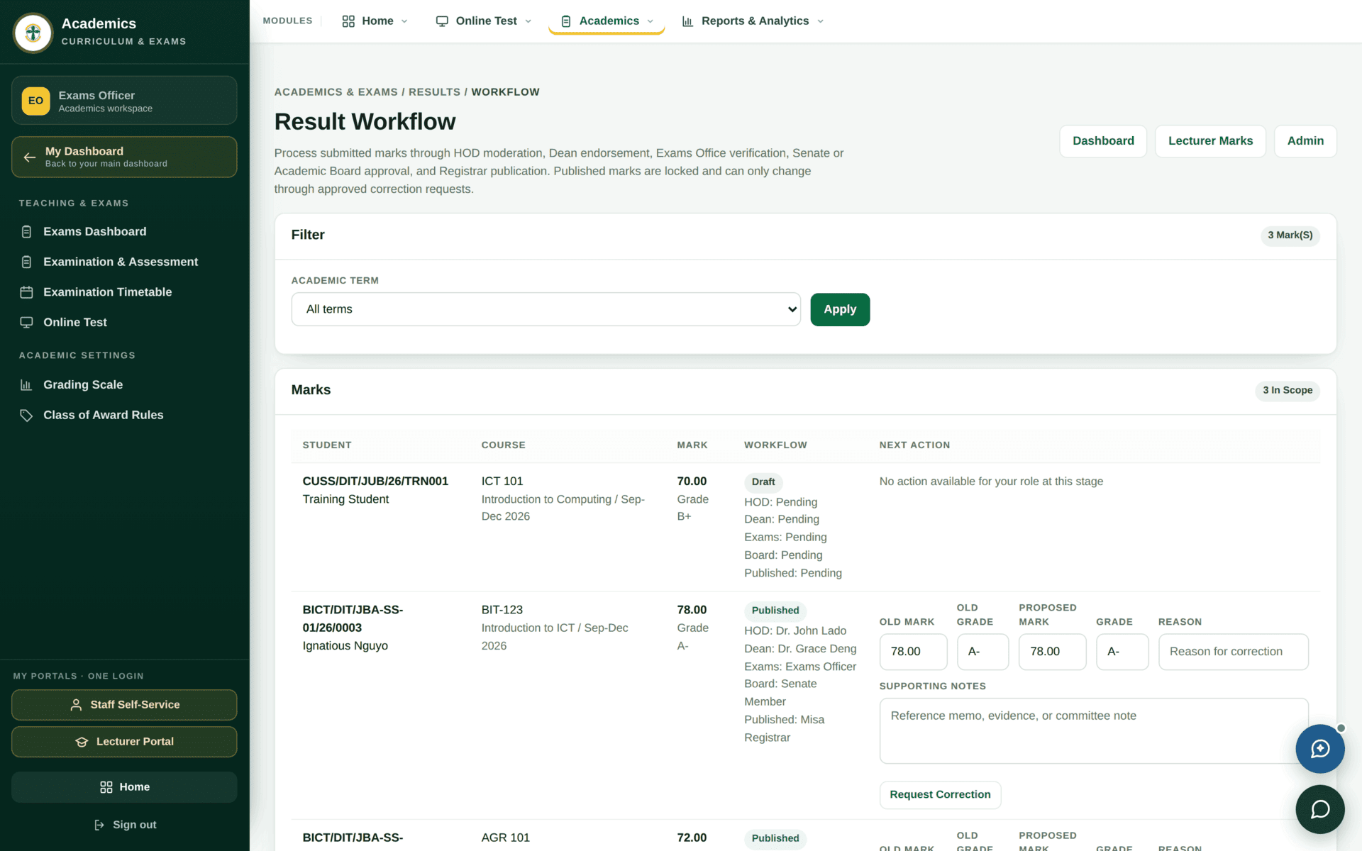 The Result Workflow screen showing result batches and the approval stage each has reached.