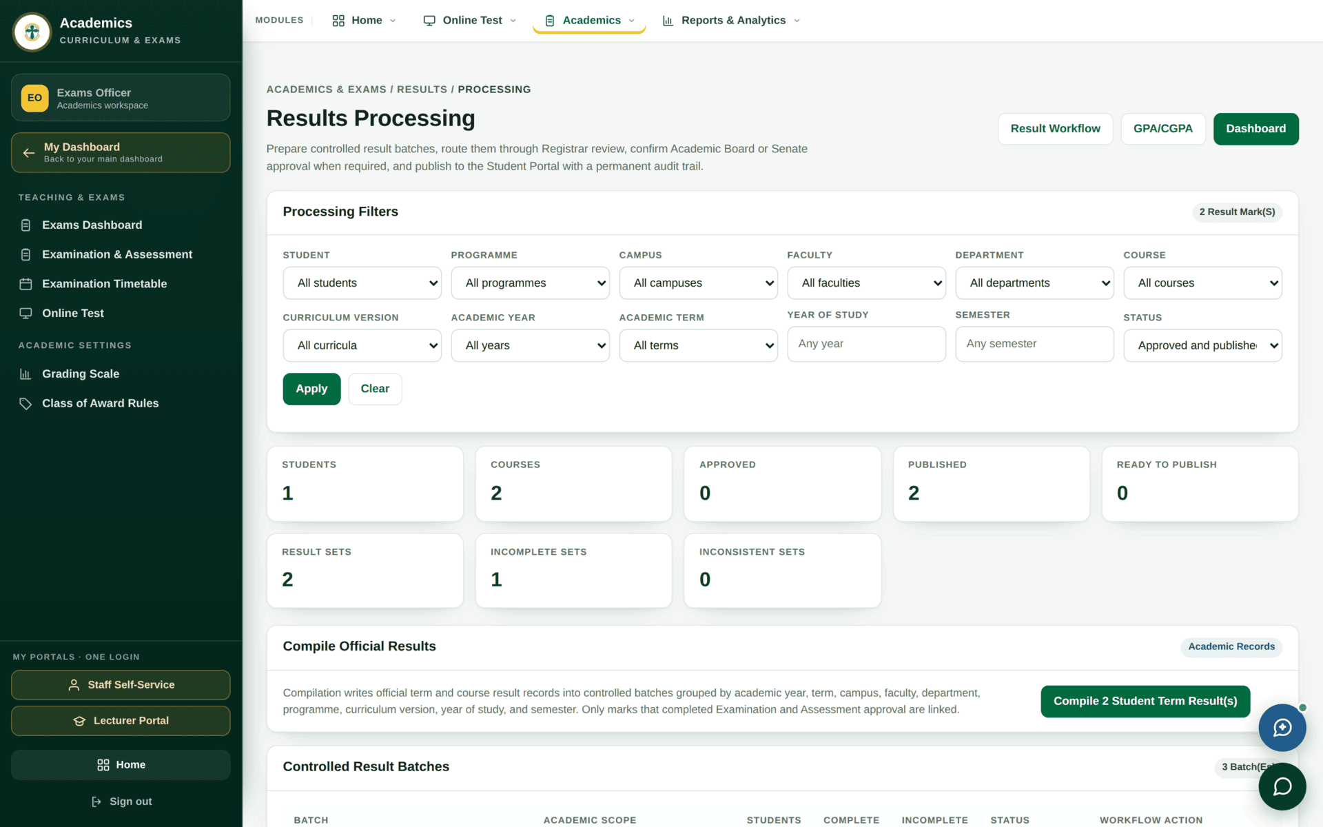 The Results Processing screen for computing grades, GPA and CGPA for a term.