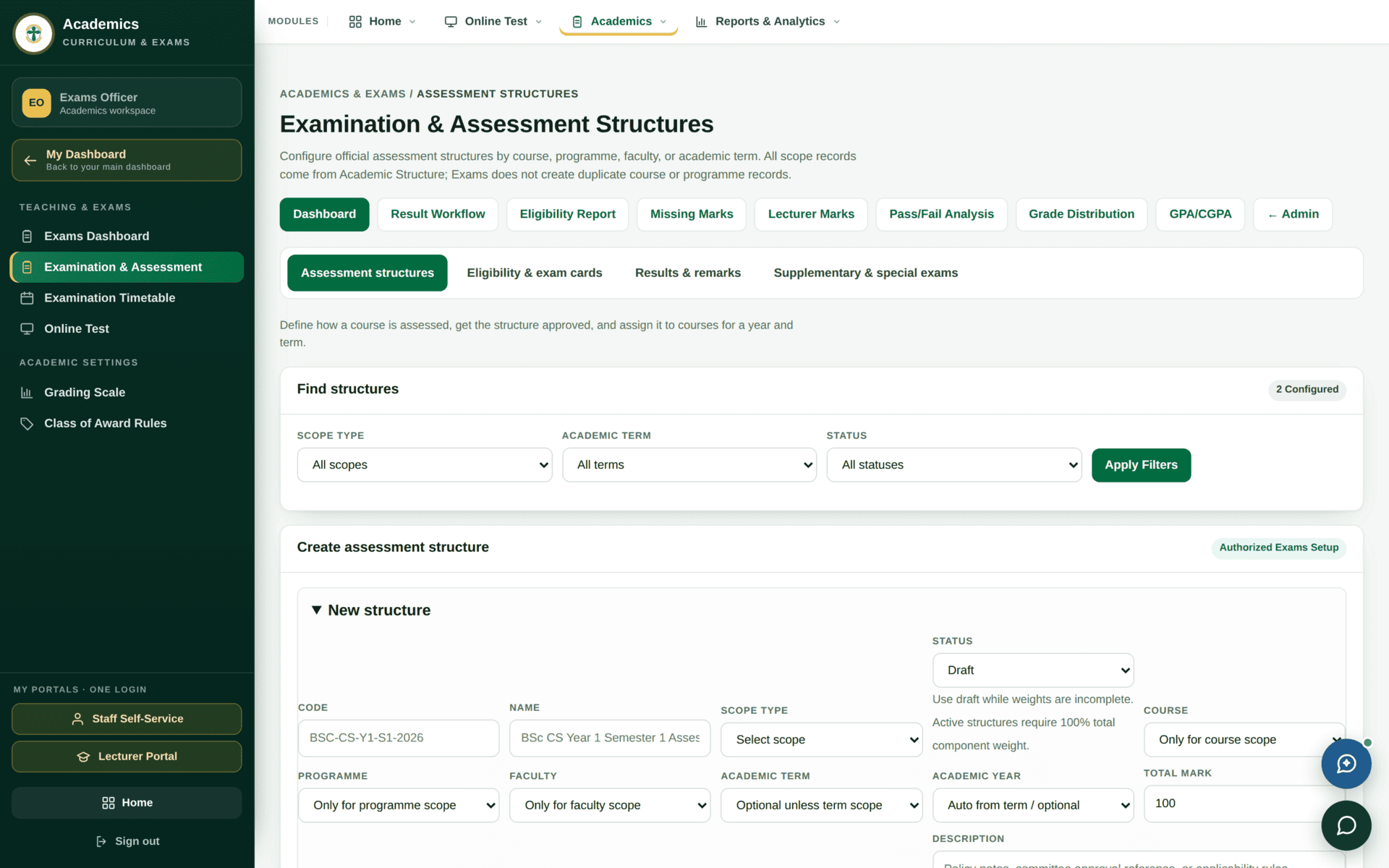 The Examination and Assessment screen listing assessment structures with their components and weights per course.