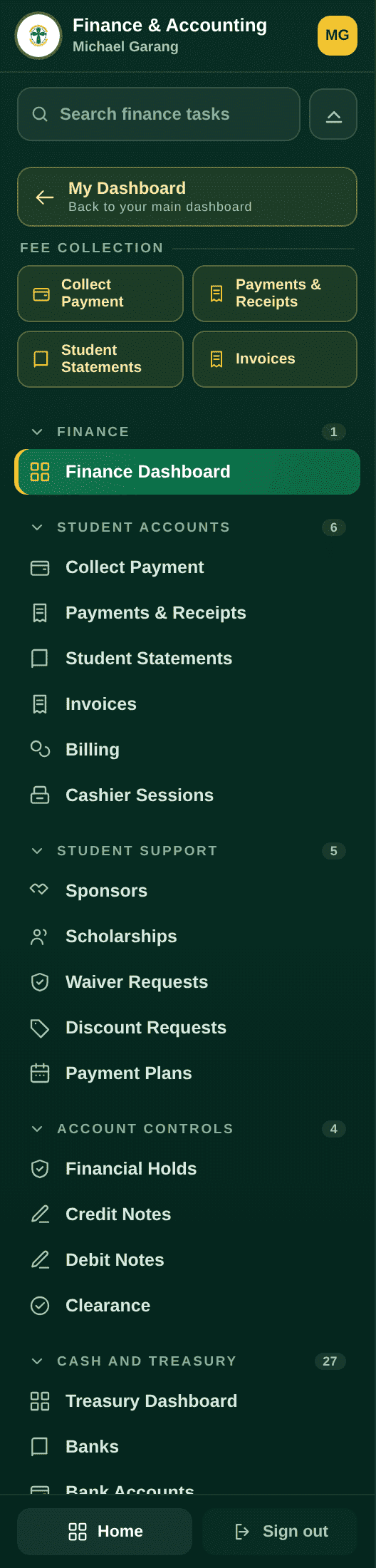 The Finance and Accounting sidebar with a Search finance tasks box, quick-action tiles, and groups FINANCE, STUDENT ACCOUNTS, STUDENT SUPPORT, CASH AND TREASURY, each with a count badge.