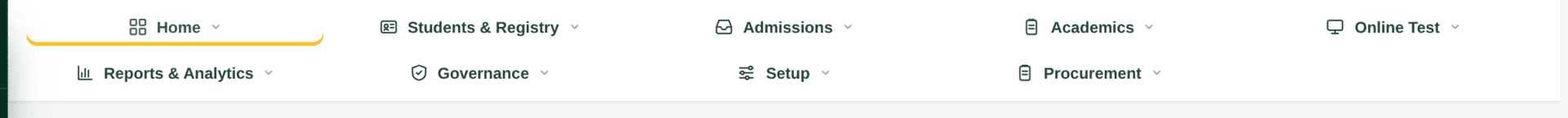 The module bar with Home, Students and Registry, Admissions, Academics, Online Test on the first row and Reports and Analytics, Governance, Setup, Procurement on the second, with Home underlined in gold.