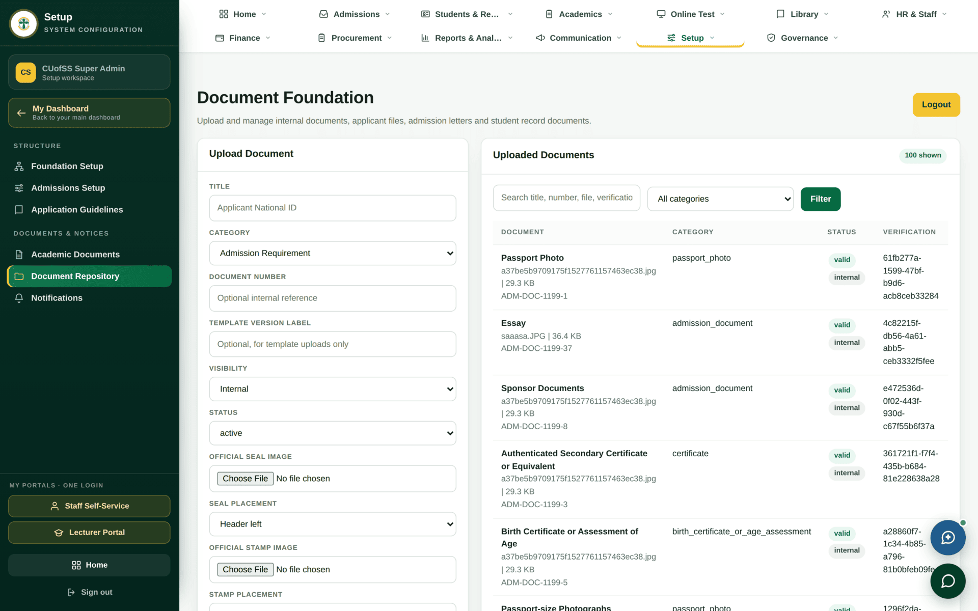 The Document Repository screen holding institutional documents and policies.