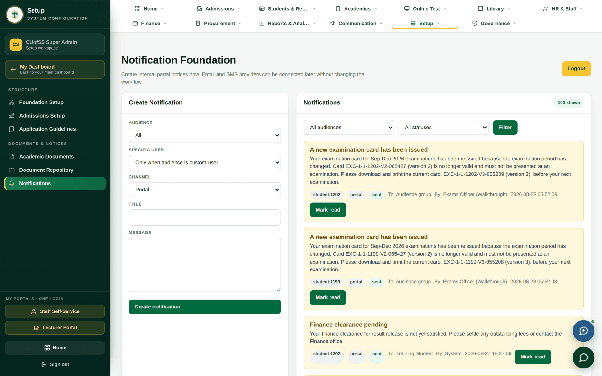 The Notifications setup screen listing notification events and their channels.