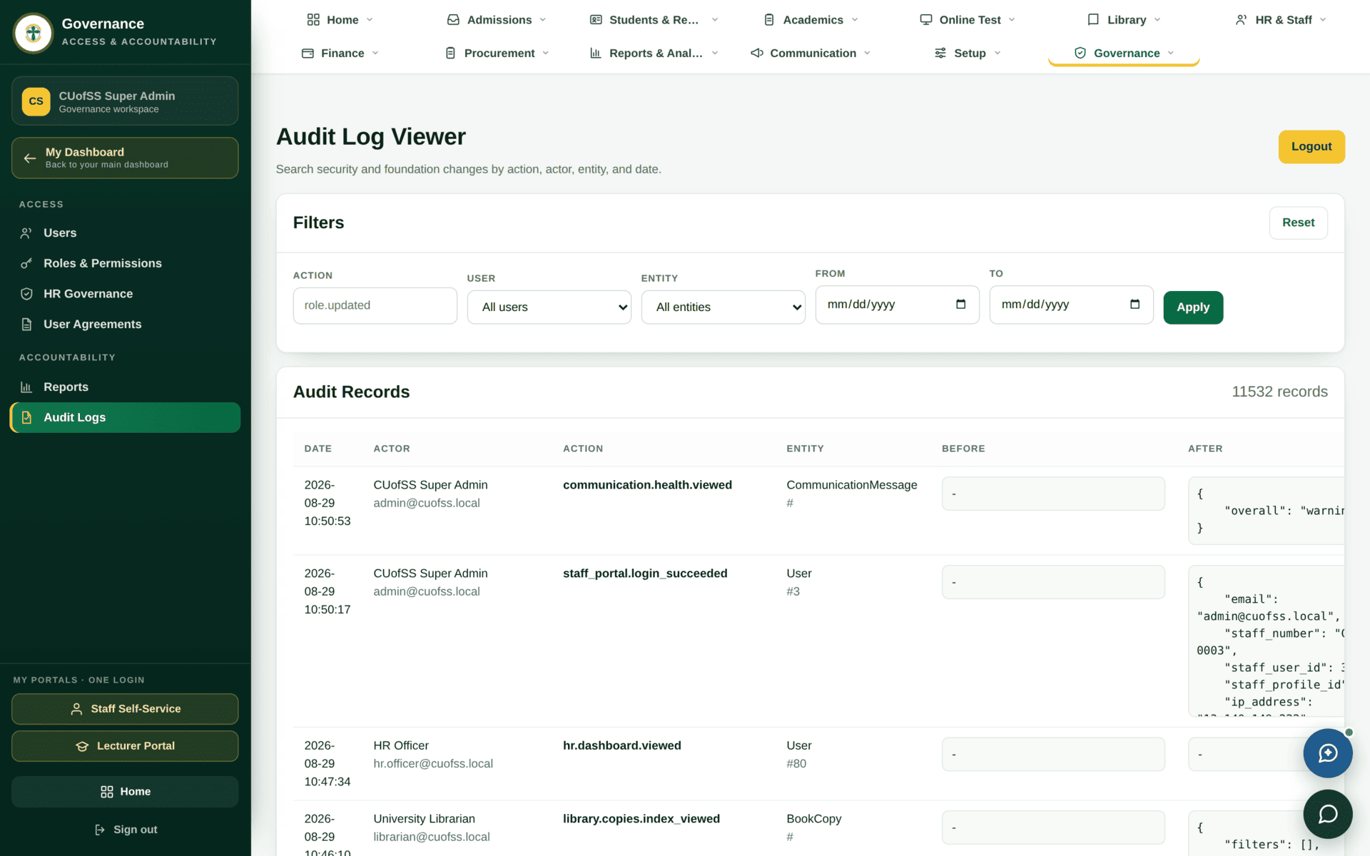 The Audit Logs screen listing recorded actions with actor, action, target and timestamp.