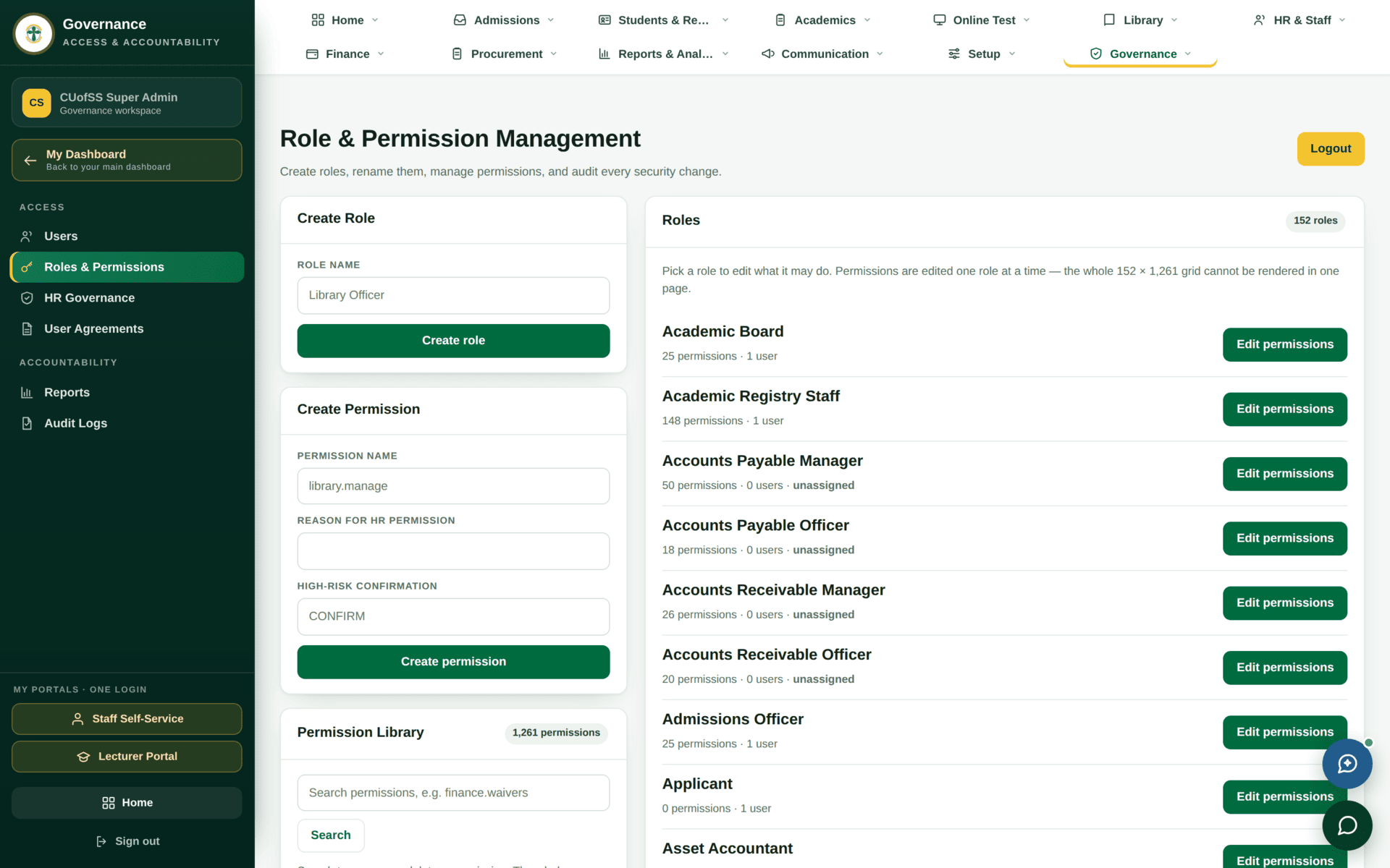 The Roles and Permissions screen listing roles with their permission counts and a permission matrix.