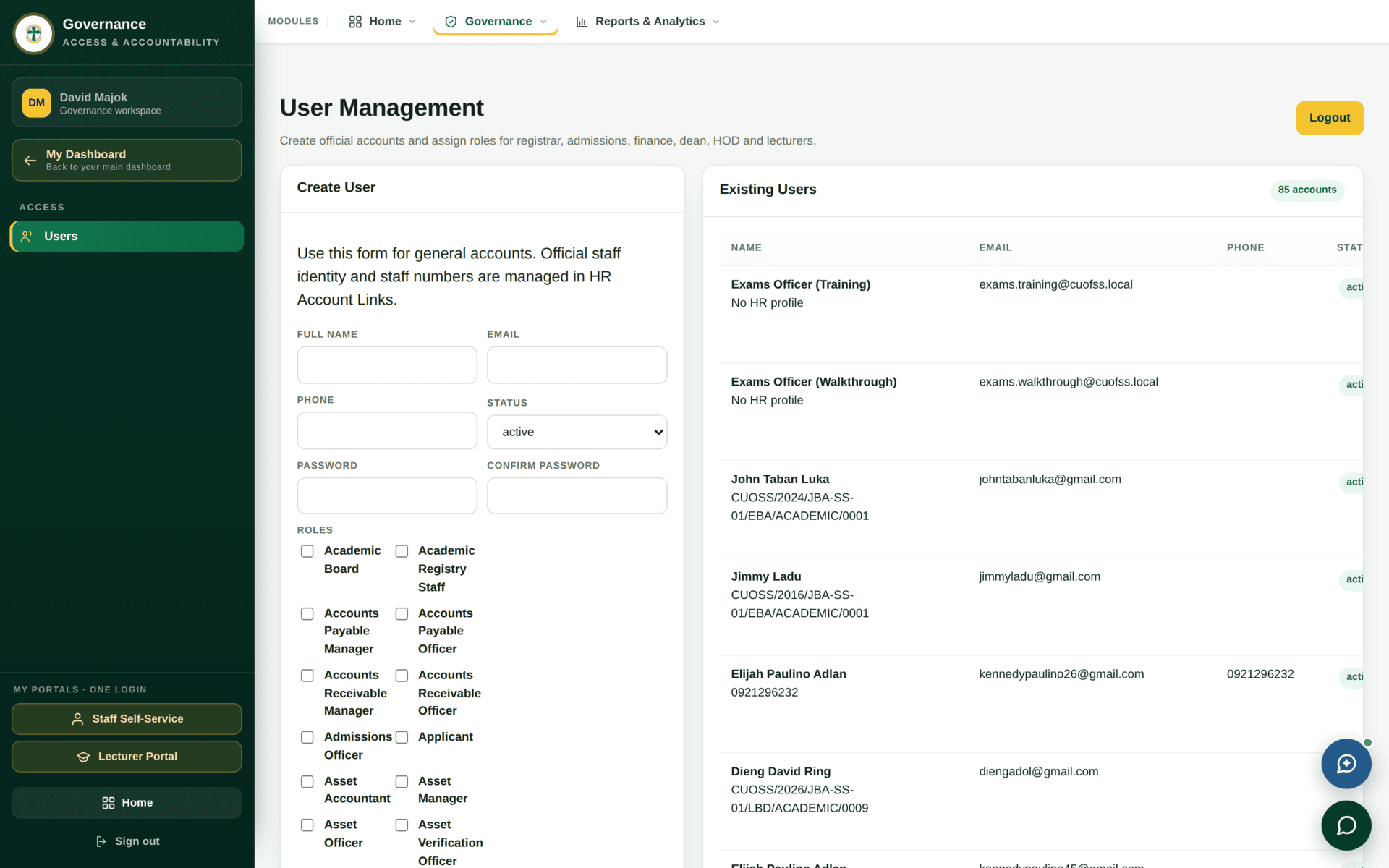 The Users screen listing accounts with their roles, status and last activity.