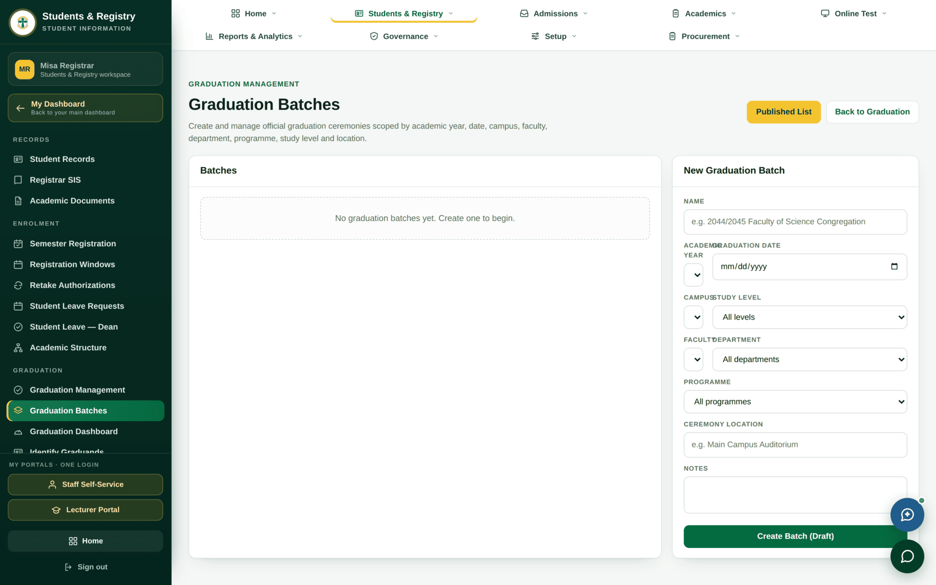 The Graduation Batches screen listing batches with their ceremony date, candidate count and approval stage.