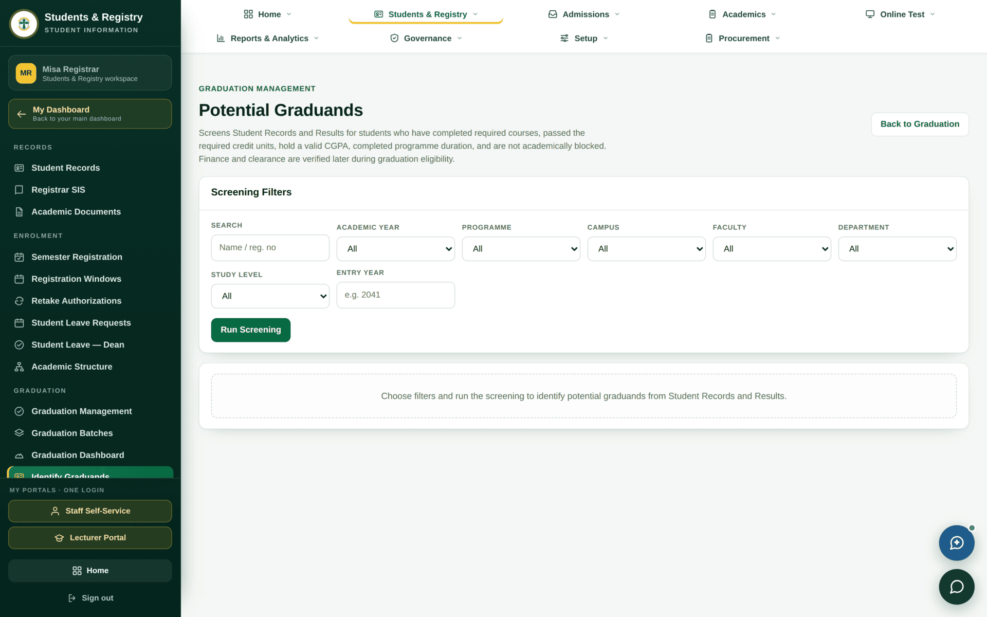 The Identify Graduands screen with filters for programme, intake and year, listing students who appear to have completed.