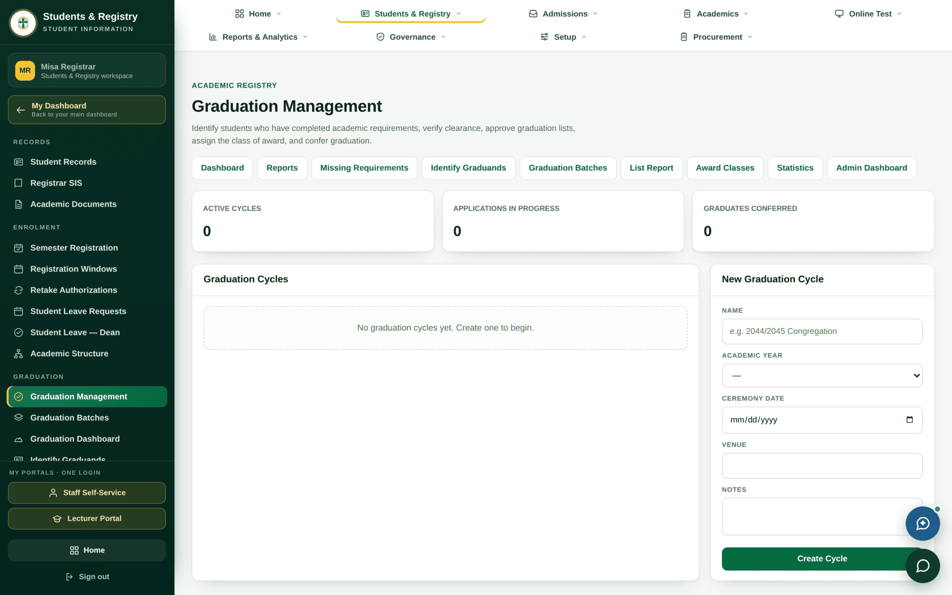 The Graduation Management screen listing graduation candidates with status and actions.