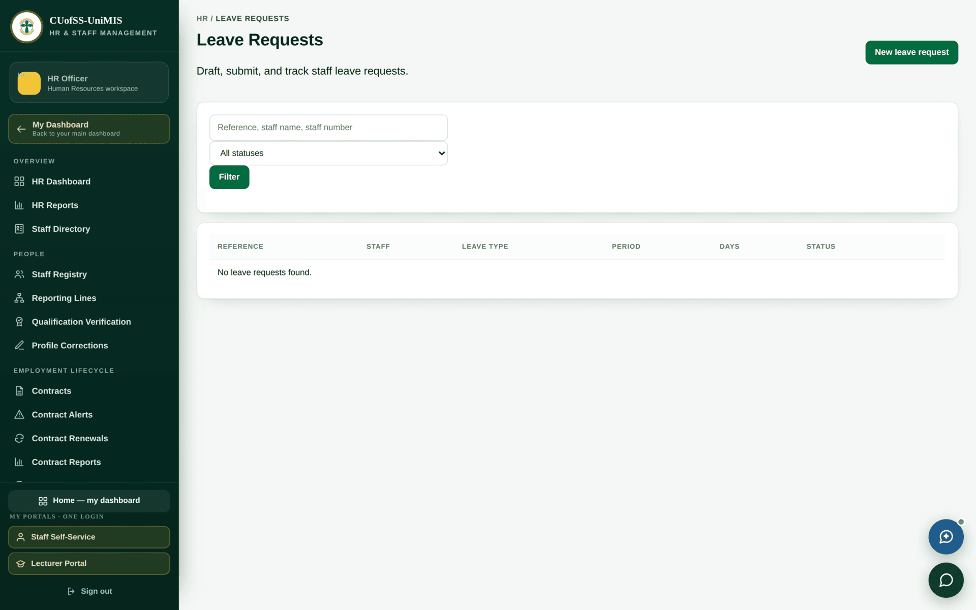 The Leave Management screen listing leave requests with type, dates and approval stage.