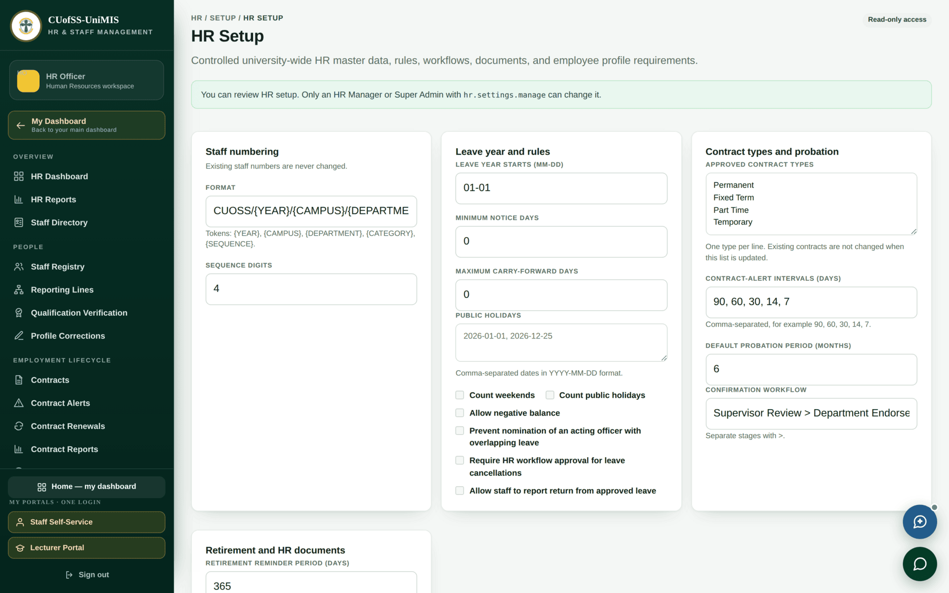 The HR Setup screen with staff categories, employment types, designations and module settings.