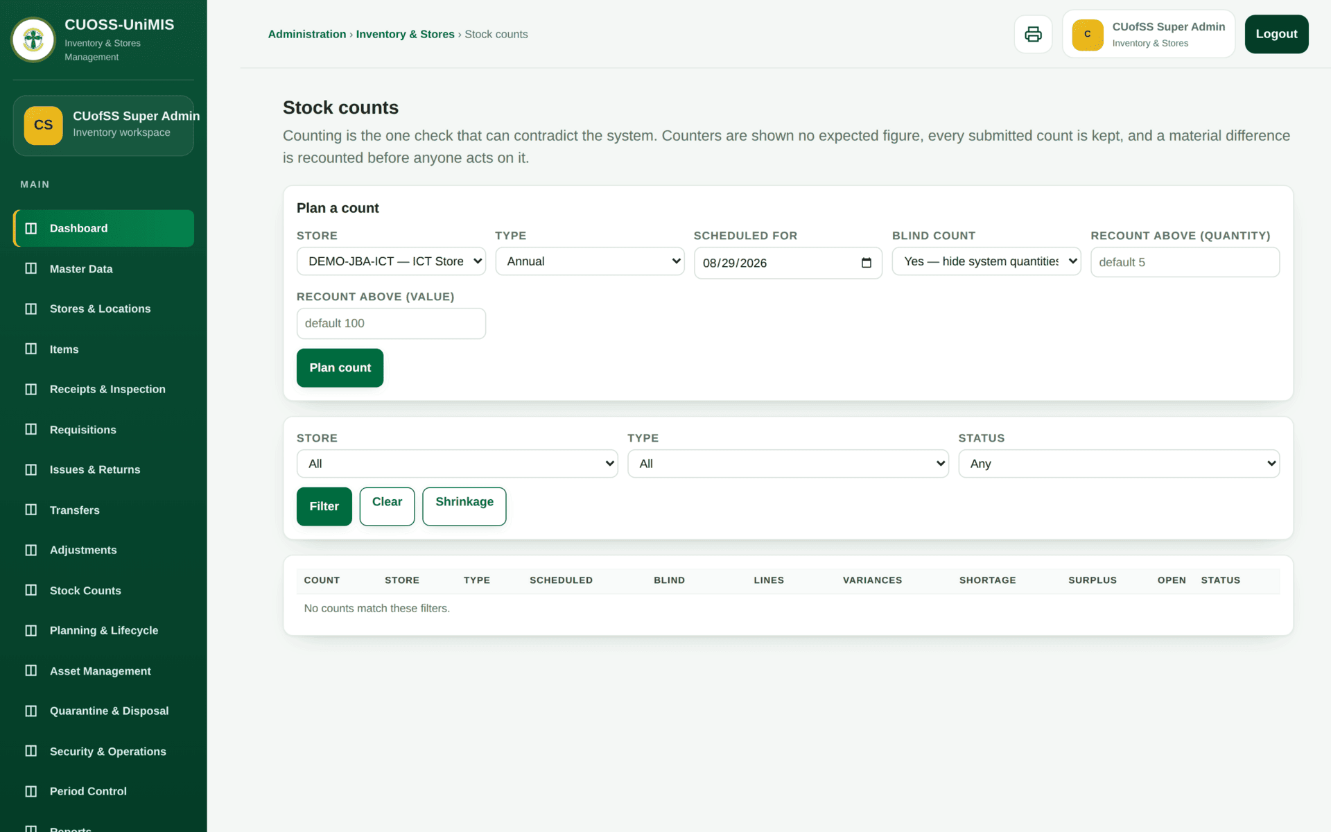 The Stock Counts screen listing counts with their variances.
