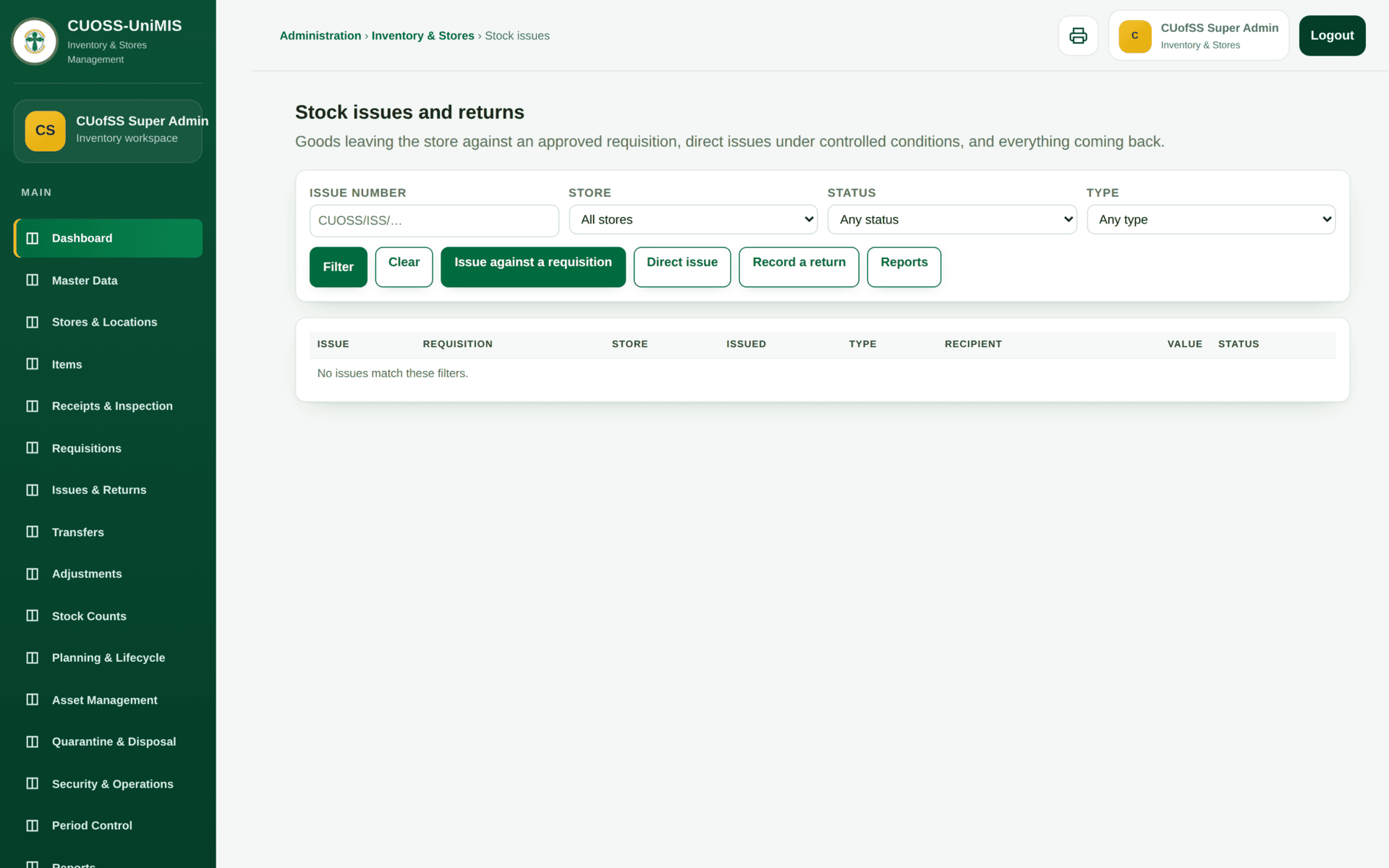 The Issues and Returns screen listing stock issued to departments and returns received back.