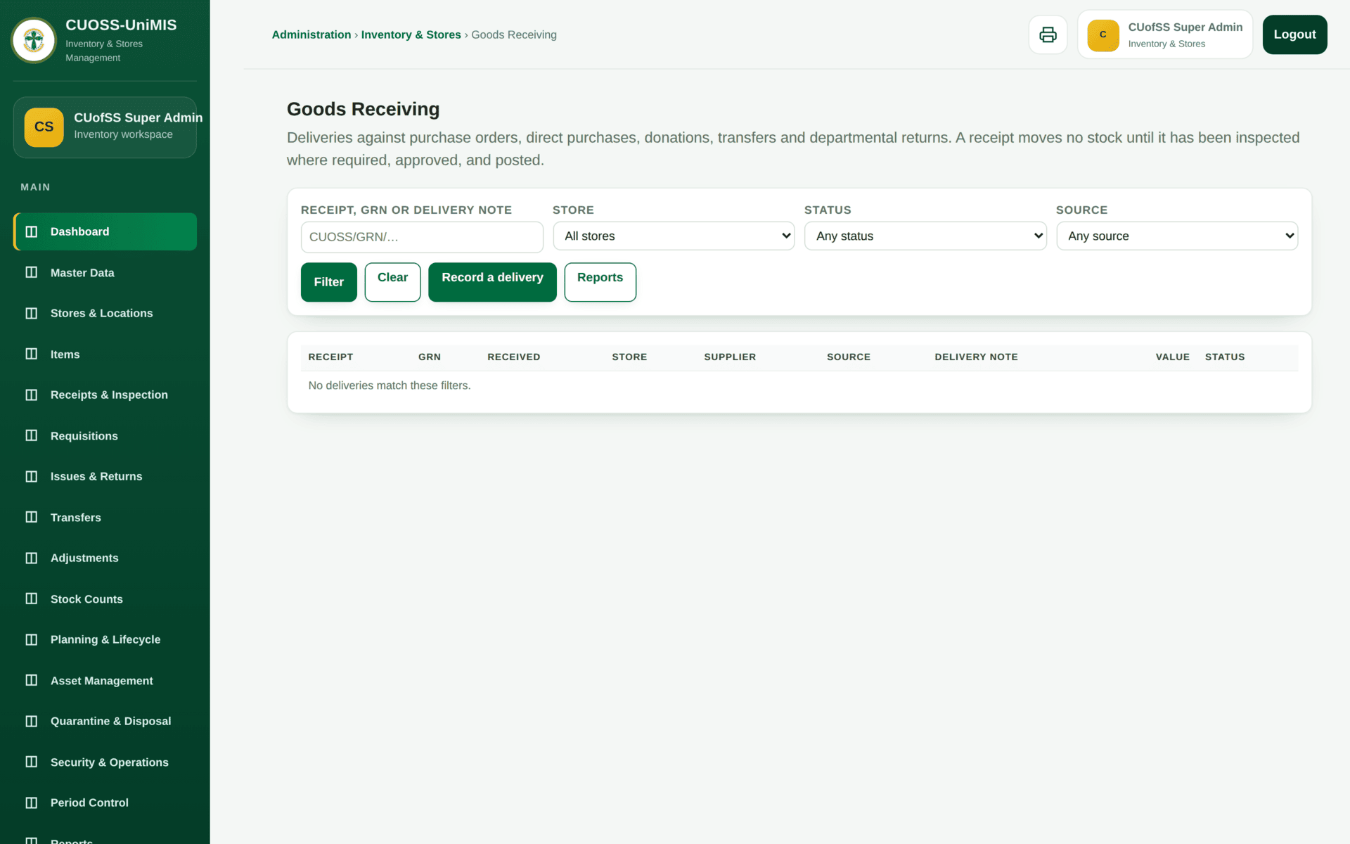 The Inventory Receiving screen for booking goods into a store against a purchase order.